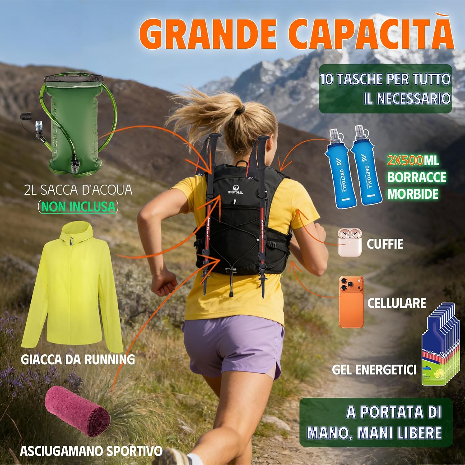 Detalle 2 de ONETOALL Gilet Running con Zaino Trail 2 Borracce 500 ml + Luce LED Ricaricabile