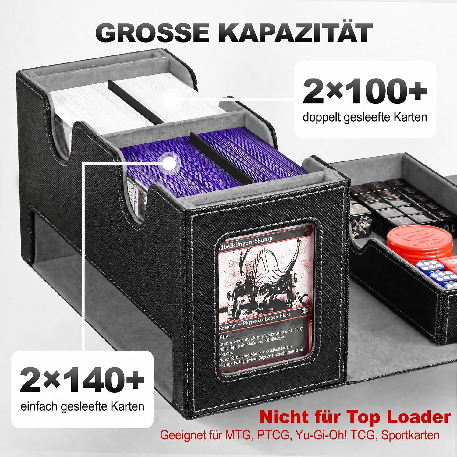 Detalle 2 de UAONO MTG Deck Box mit 2 Commander Display und Würfelablage – Doppeldeck-Box für 250+ Karten
