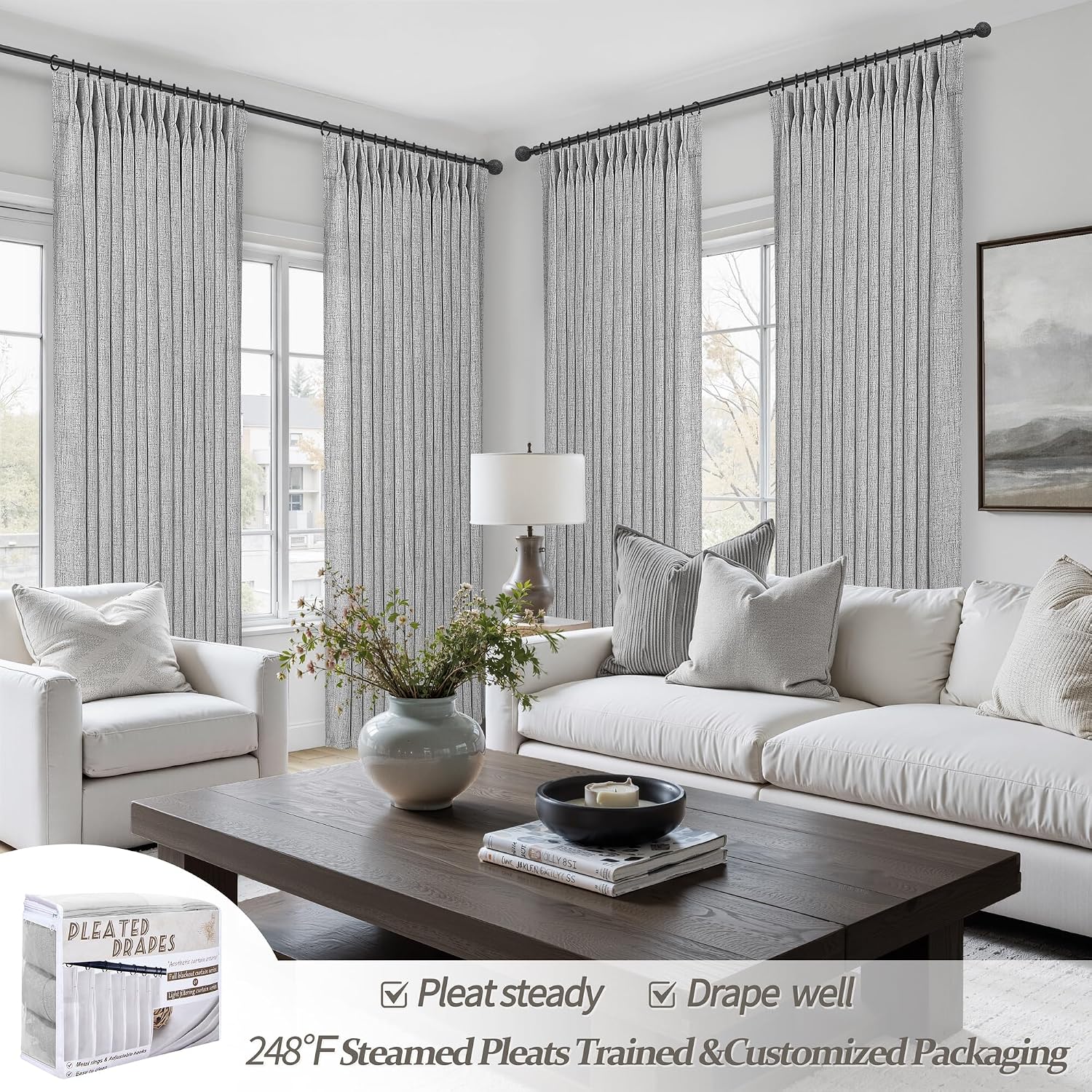 Detalle de Unique Light Grey Pinch Pleat Thick Natural Linen 86 Inch Curtain Set (2 Panels) with Memory Pleats and Back Tab