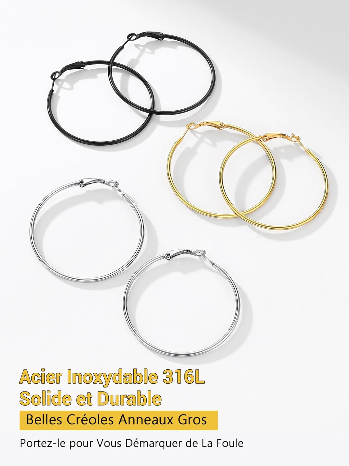 Thumbnail 6 de PROSTEEL Créoles Femme en Acier Inoxydable et Plaqué Or – Boucles d'Oreilles Anneaux Croix 50 mm