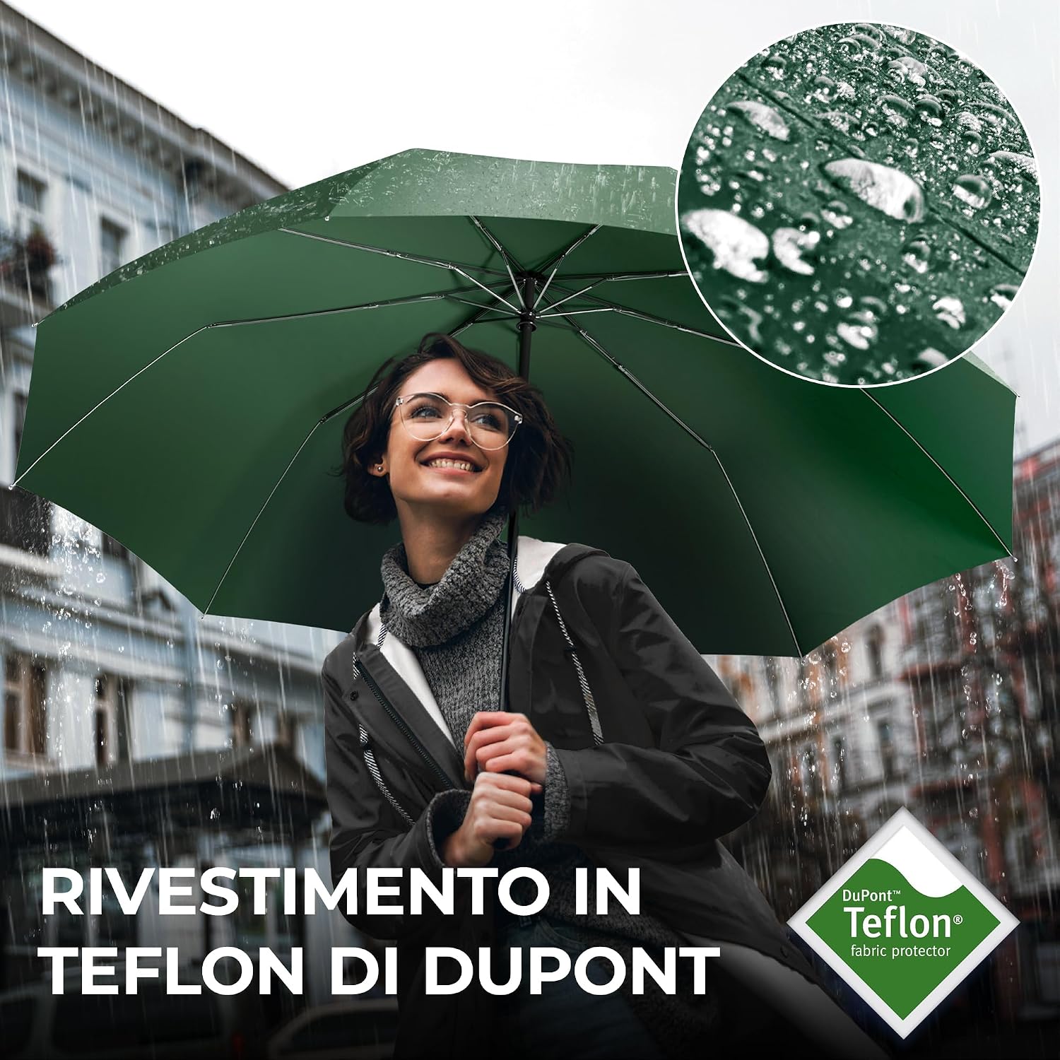 Detalle de Ombrello Pieghevole Portatile Antivento con Apertura Automatica e 9 Stecche Rinforzate – Compatto e Resistente per Viaggio e Ufficio