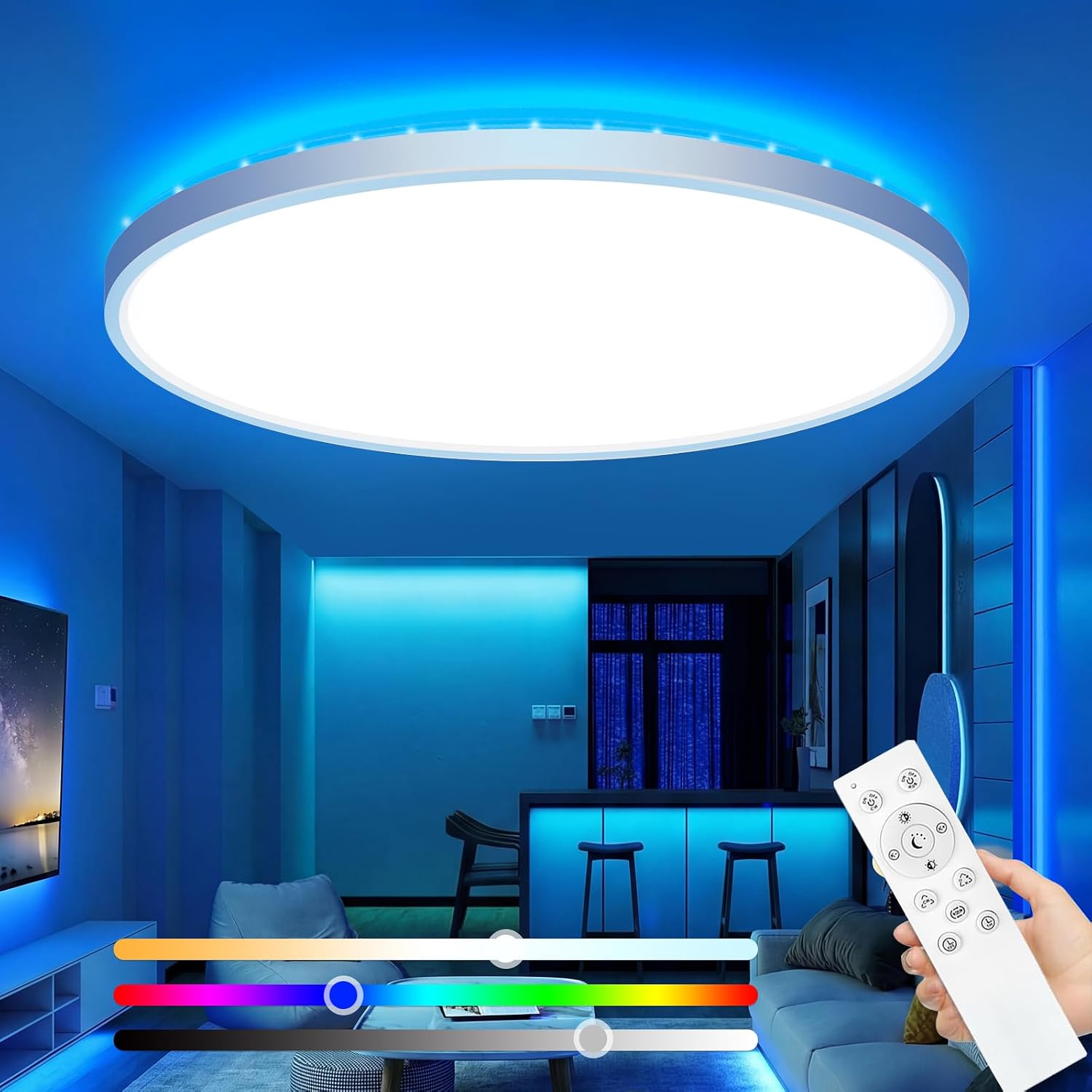 Detalle de Zemty LED-Deckenleuchte mit Fernbedienung (RGB, 3000–6500K) – dimmbar, IP54, 29 cm