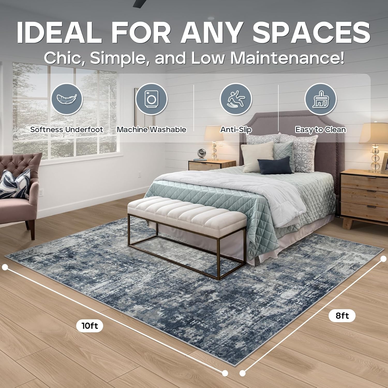 Thumbnail 1 de 8x10 Area Rug for Living Room - Washable, Non-Slip, Blue Grey Abstract