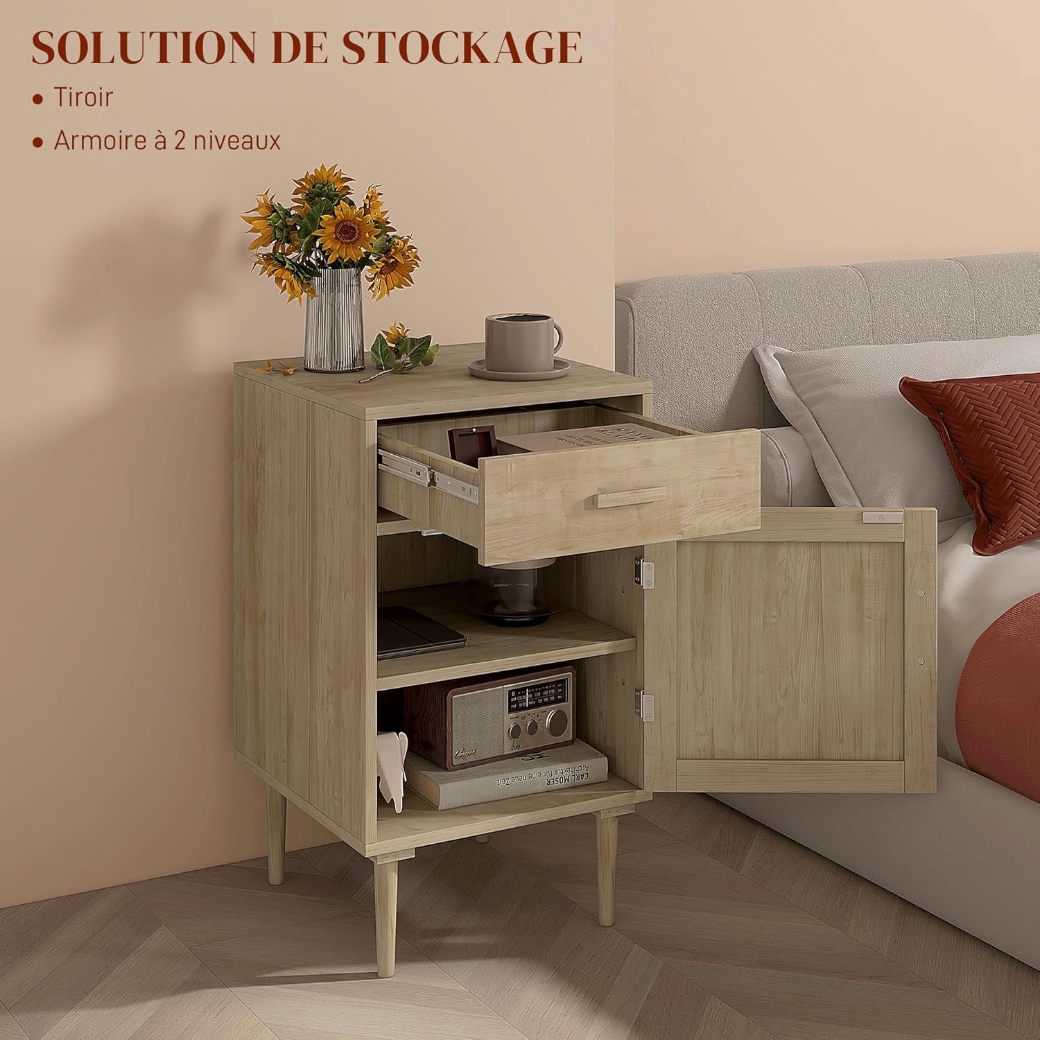 Detalle de HOMCOM Table de chevet bohème naturelle avec placard, étagère réglable et tiroir – 40 x 40 x 68,5 cm