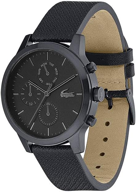 Detalle de Lacoste Orologio analogico multifunzione al quarzo da uomo, cassa 42 mm, cinturino pelle nera