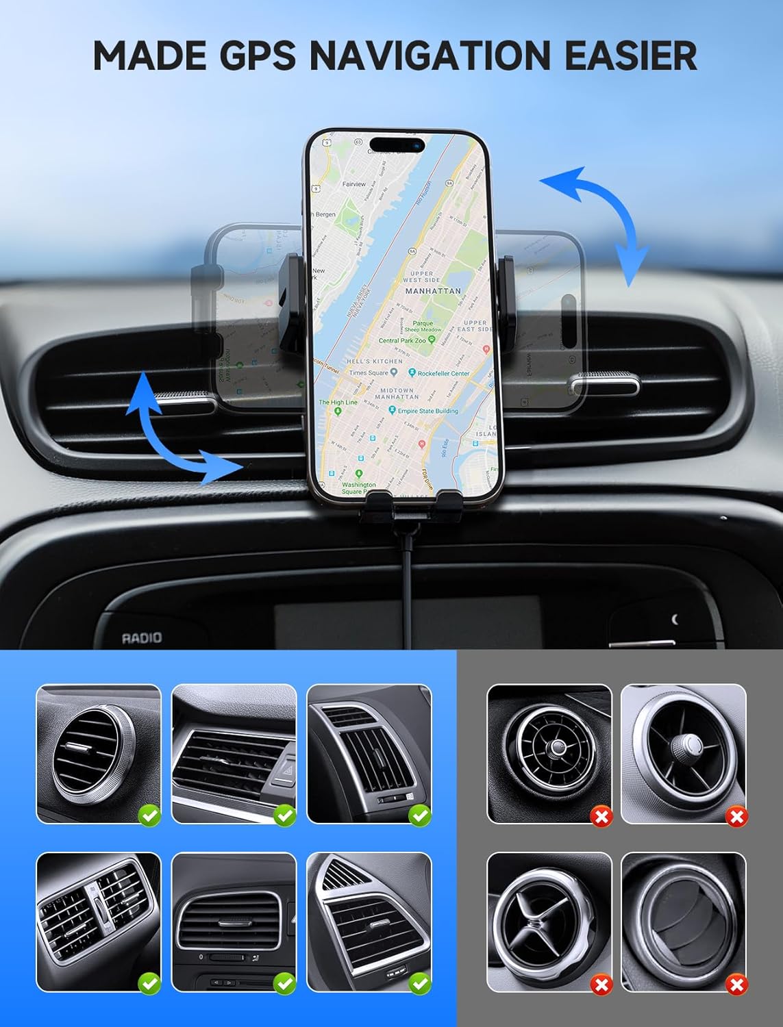 Thumbnail 3 de MOKPR Car Phone Holder Wireless Charger (15W) with Auto-Clamping and Vent/Dash/Windshield Mount, Deep Grey