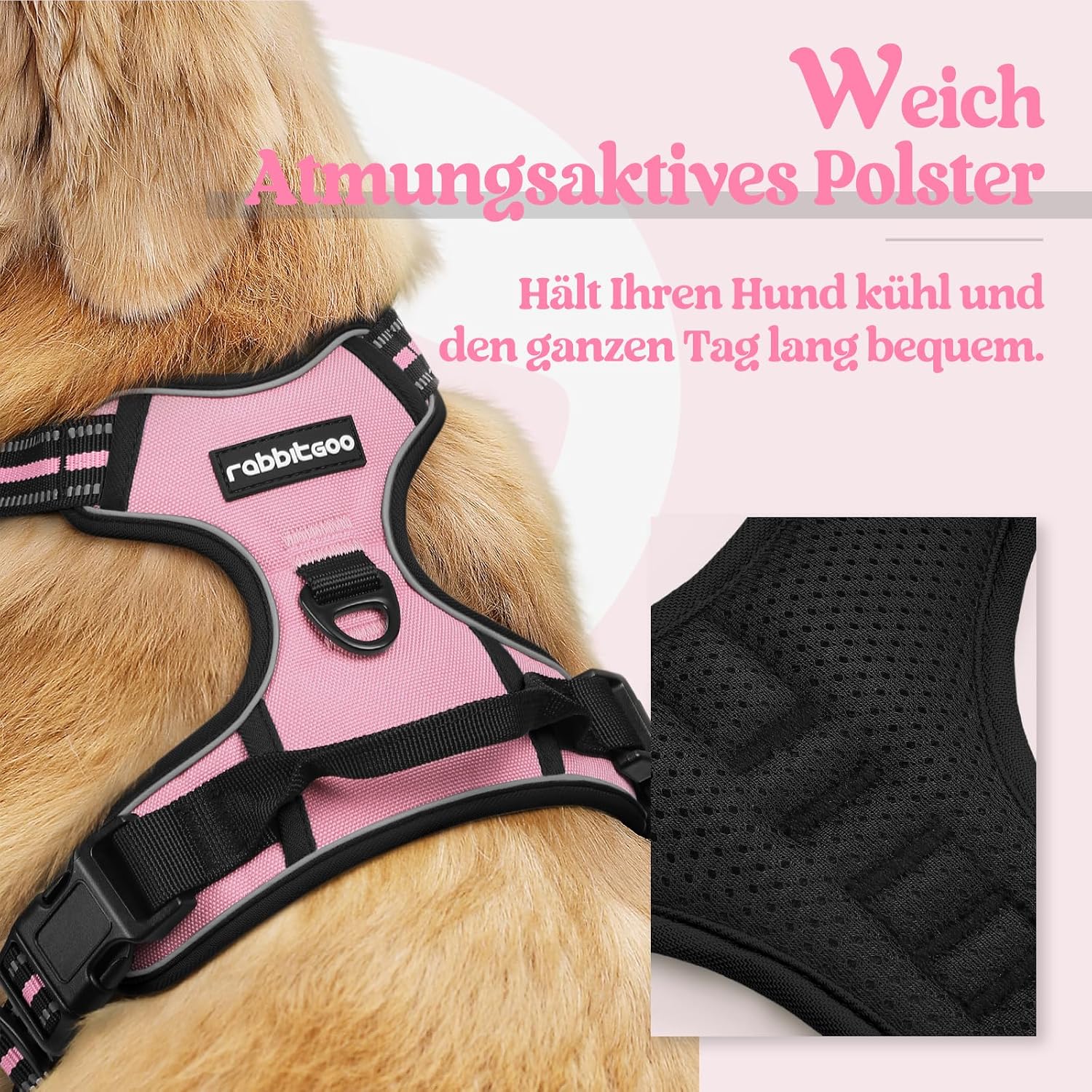 Detalle de rabbitgoo Hundegeschirr (Größe XL) mit Anti-Zug & Anti-Würge, verstellbar, reflektierende Streifen – sicherere Führung bei Spaziergängen