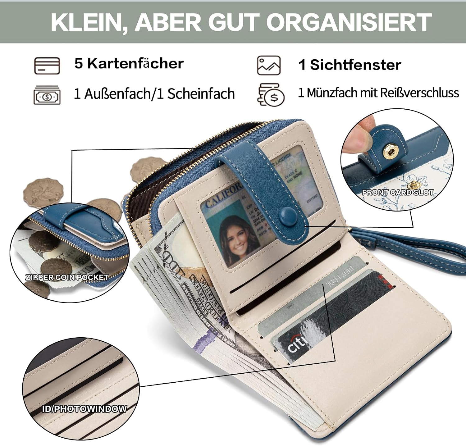 Detalle de MOSOSA Geldbeutel Damen RFID Blockierung – Kompakt, floral, mit Handschlaufe