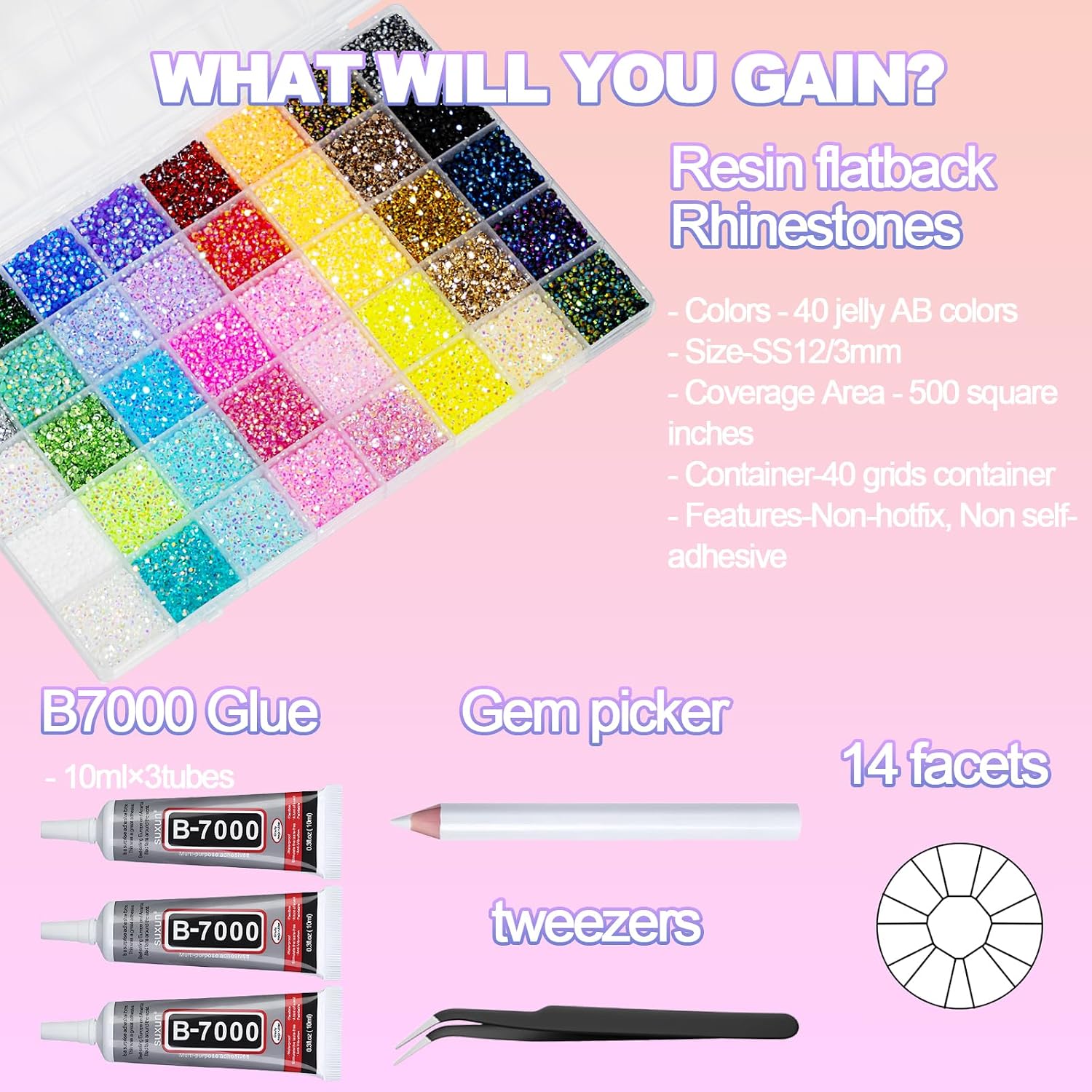 Detalle de 40,000+ Resin Jelly Rhinestones Bedazzler Kit with B7000 Glue, 3mm Multicolor Flat Back Gems
