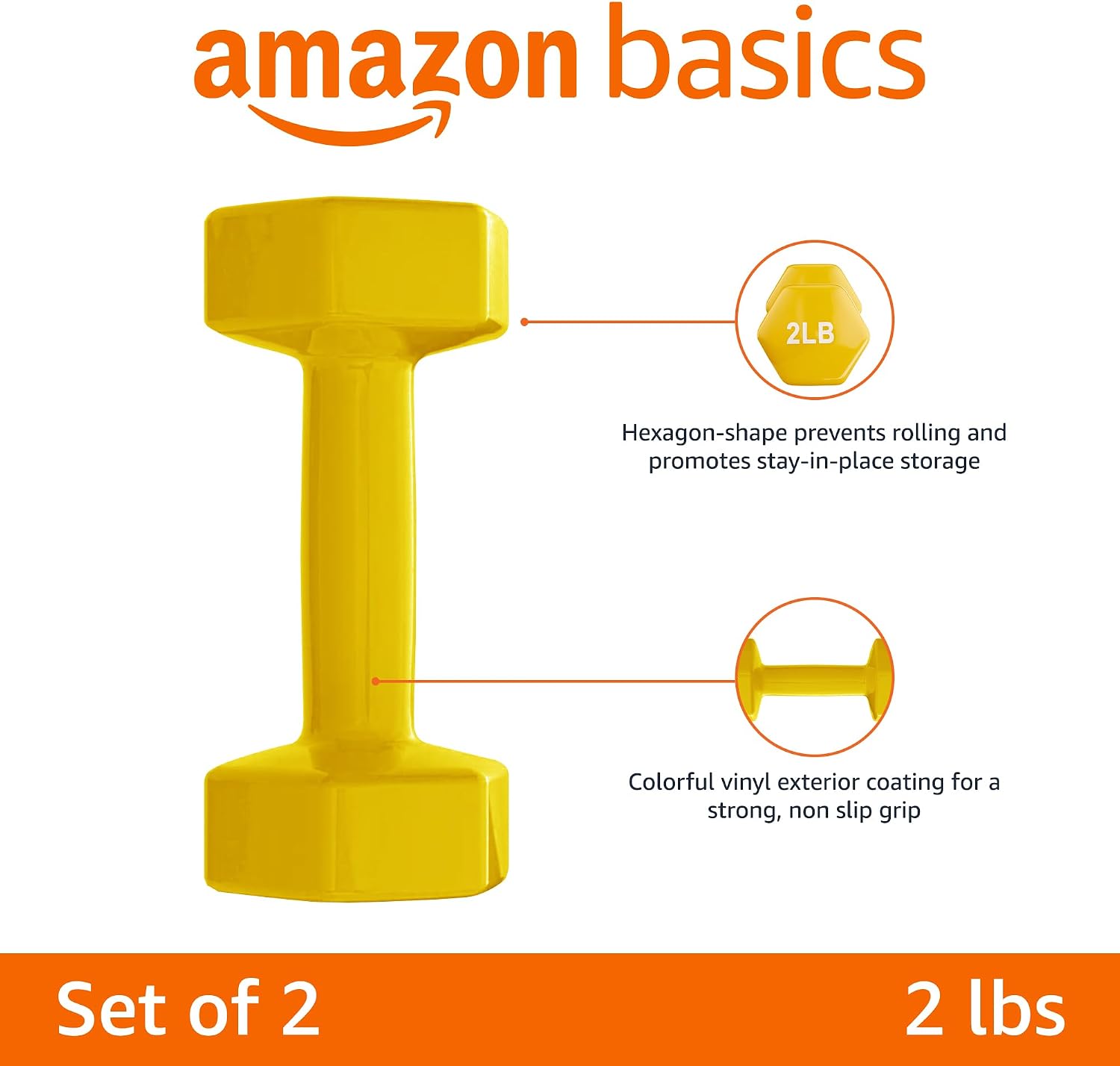 Detalle 2 de Amazon Basics 2 lb Vinyl-Coated Dumbbell Pair, Yellow, Hex Ends