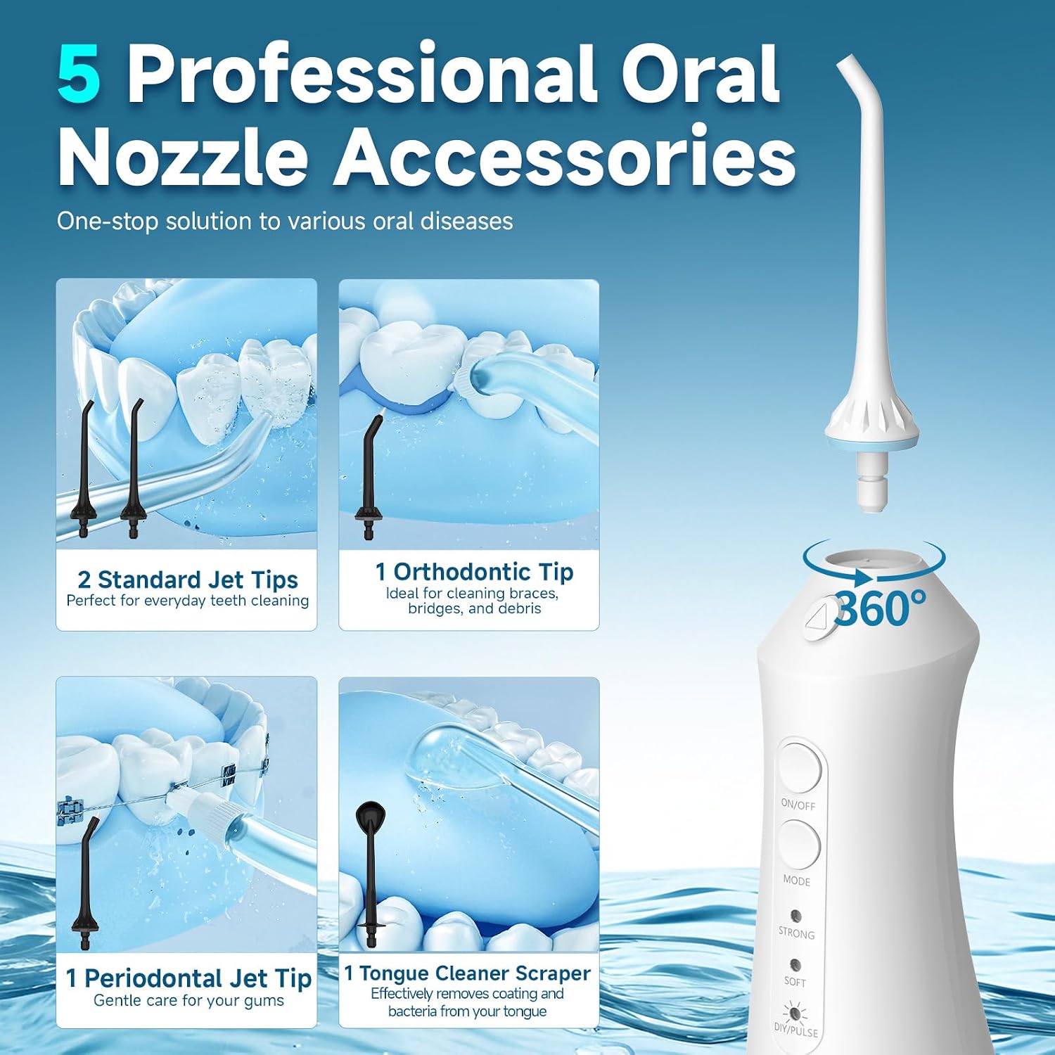 Detalle de RUMFFLYE idropulsore dentale portatile senza fili con 12 modalità, serbatoio da 300 ml e 5 testine IPX7 (kit bianco)