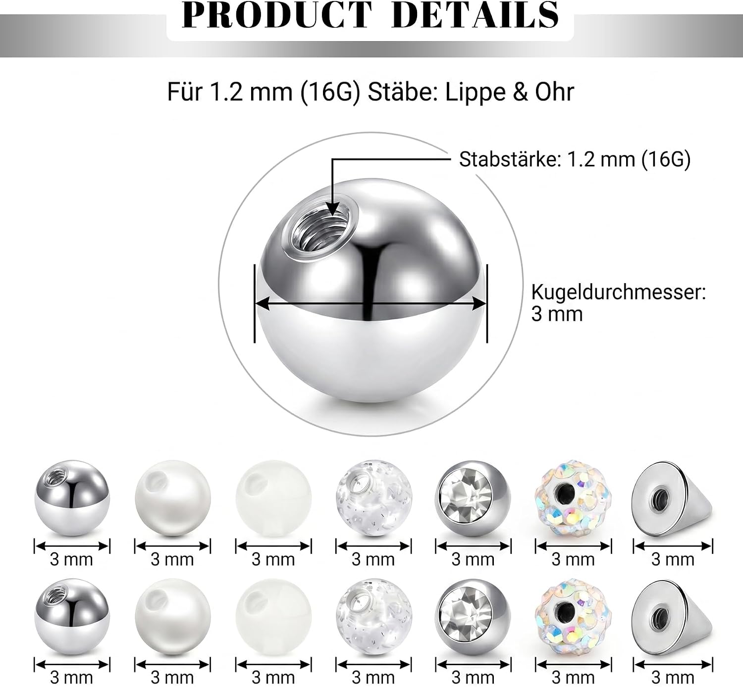Detalle de CIZME Labret Piercing 16G 1,2 mm Chirurgenstahl Silber Set – 12 Stäbe + 14 Kugeln