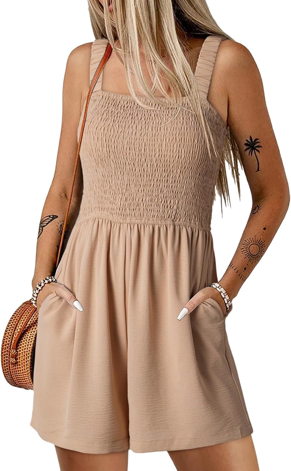 Detalle de Dokotoo Women's Summer Casual Smocked Rompers Jumpsuit – Square Neck, Sleeveless, Loose Fit