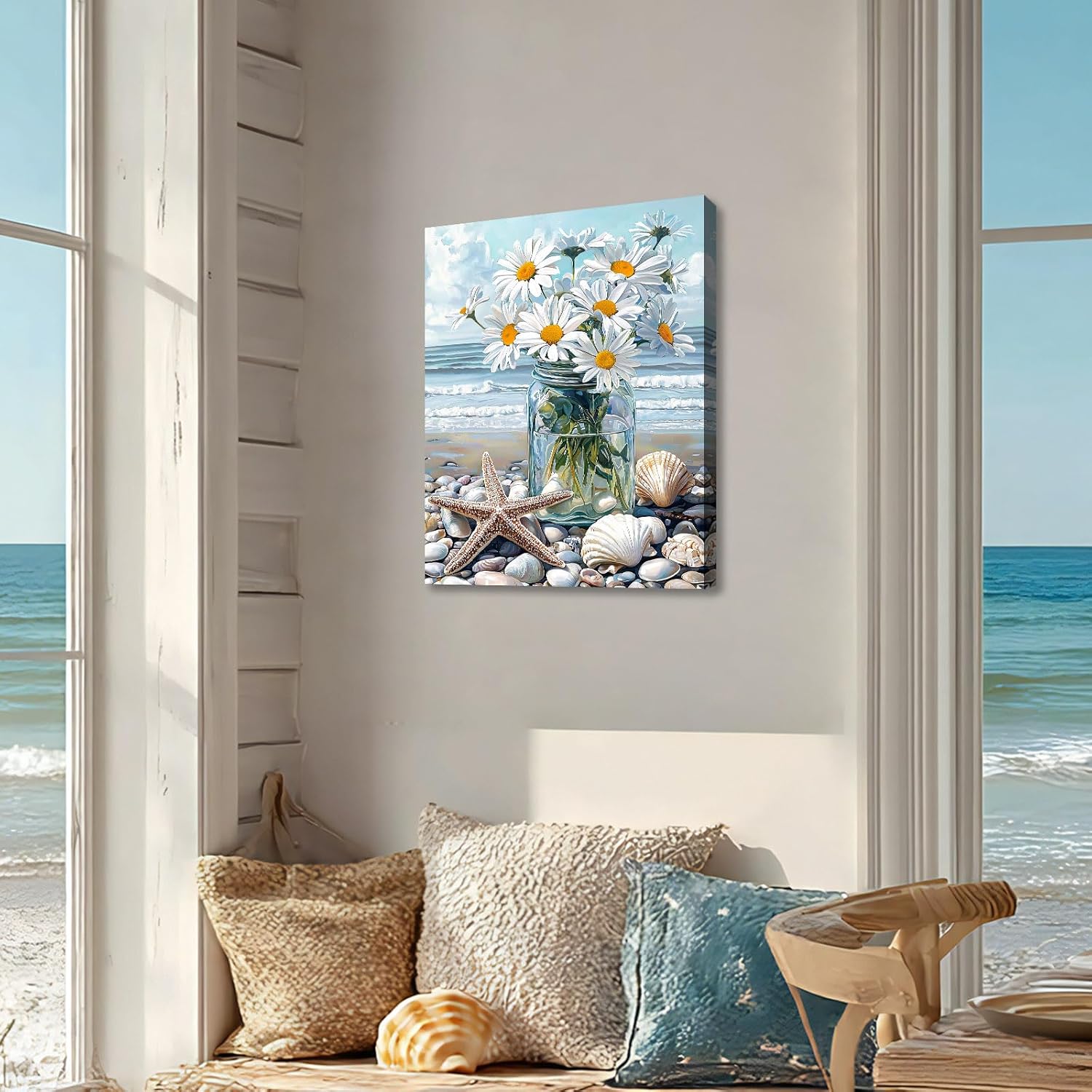 Detalle de Beach White Flowers in the Vase Framed Canvas Wall Art (30×40cm)