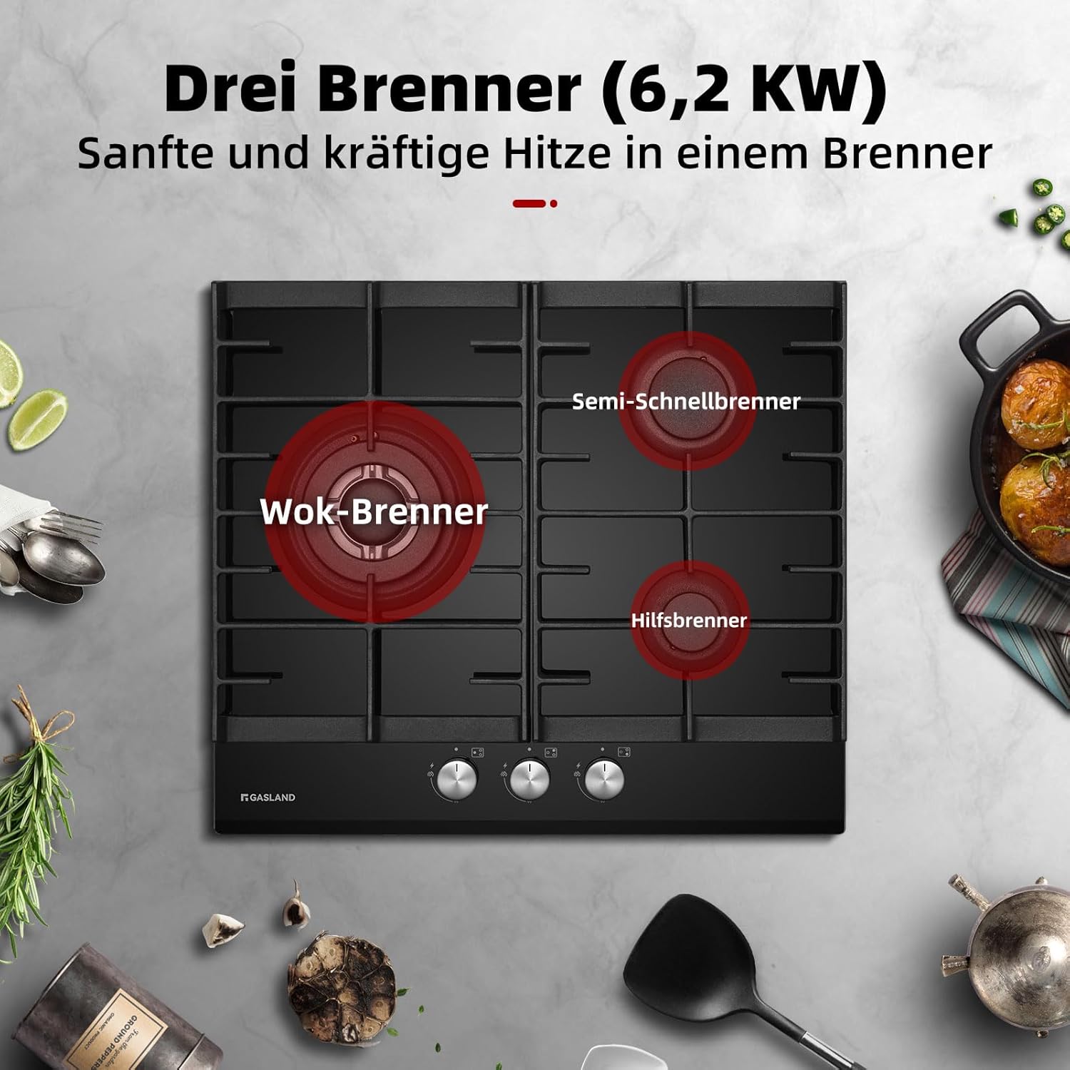 Thumbnail 1 de GASLAND GH603BF Glas-Gaskochfeld mit Wok-Brenner (3-flammig, 60 cm, LPG/Erdgas)