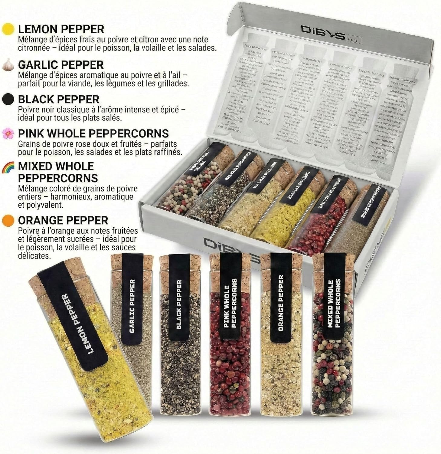 Thumbnail 1 de Coffret DIBYS de 6 variétés de poivres en tubes à essai avec recettes