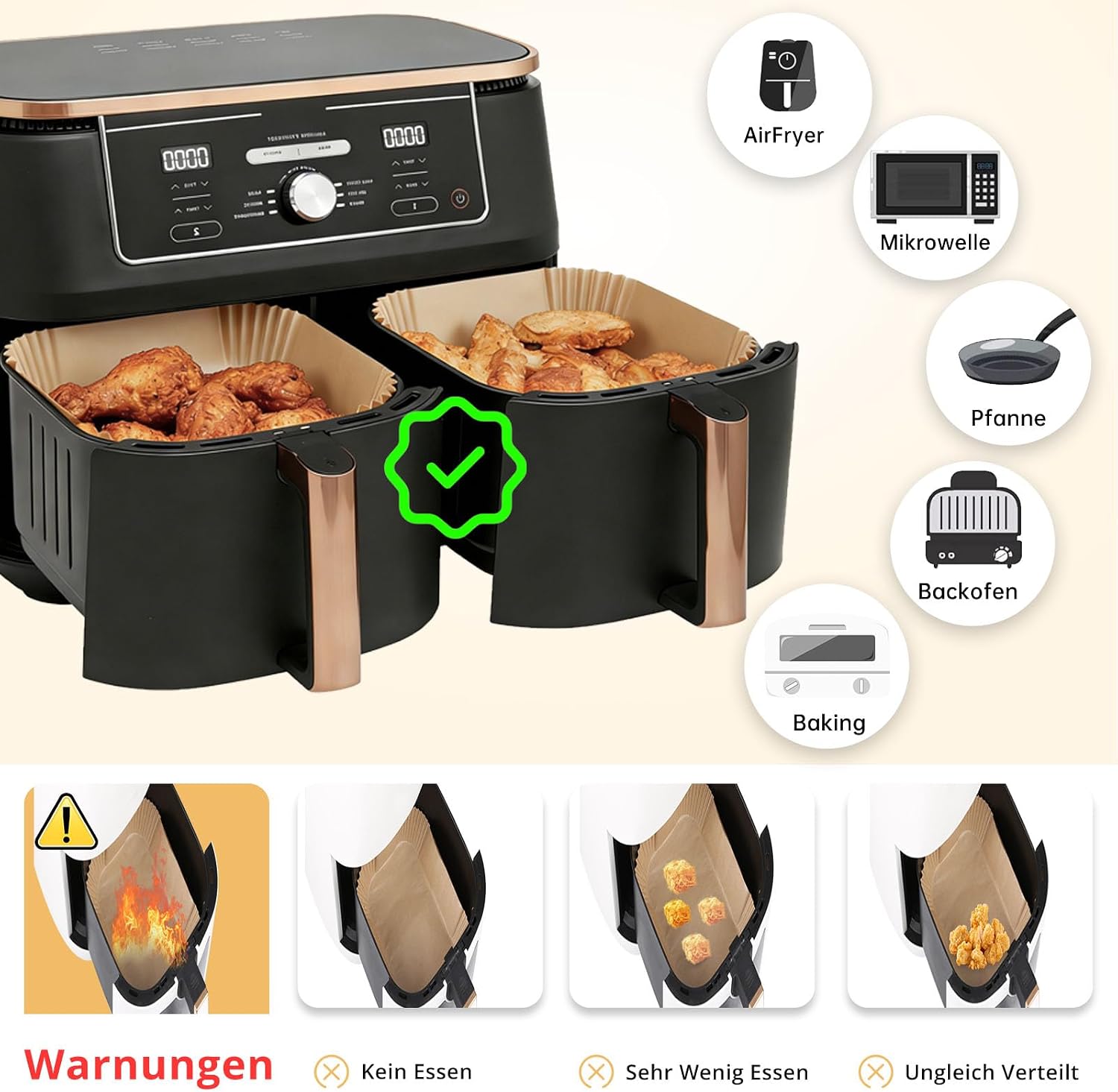 Detalle 2 de 150 Stück Backpapier für Heißluftfritteuse Ninja Dual (AF300EU/AF400EU, 20,5 x 14 cm) – Einweg-Pergamentliner