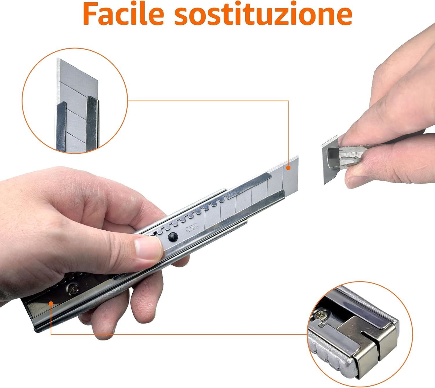 Detalle de Amazon Basics Taglierino multiuso autobloccante con corpo in lega di zinco – confezione 2 pezzi + 20 lame SK5 (18 mm e 9 mm) – Argento