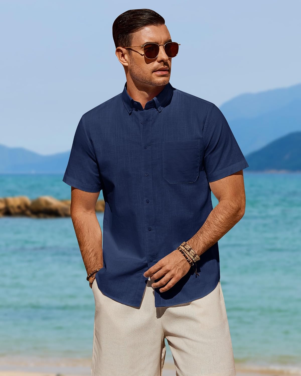 Detalle 2 de J.VER Leinenhemd Herren Kurzarm – Regular Fit Button-Down mit Brusttasche für Sommer & Freizeit