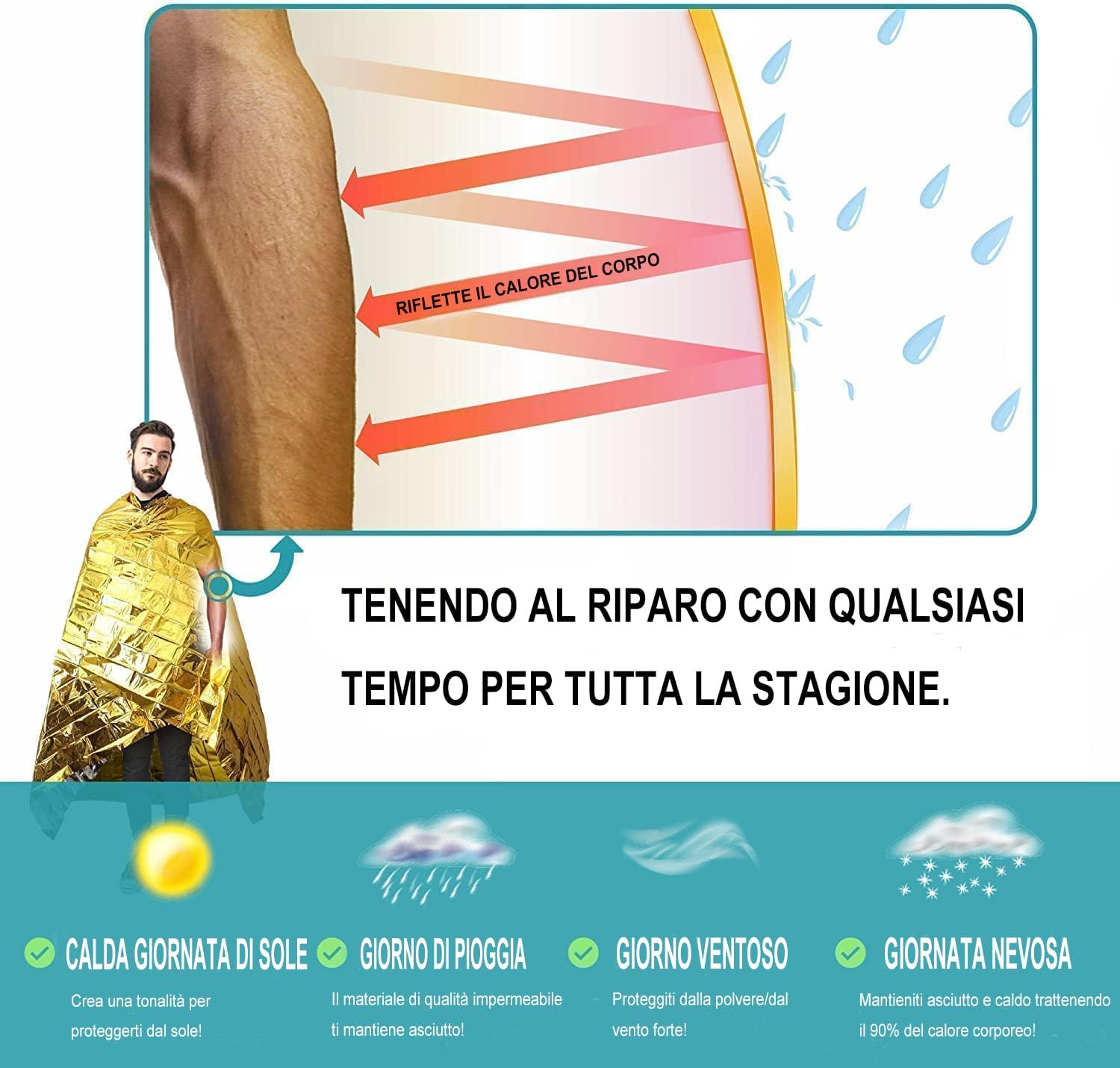Thumbnail 2 de HONYAO Coperta Termica di Emergenza 3 Pezzi 210×160 cm (oro/argento) per freddo, pioggia e vento