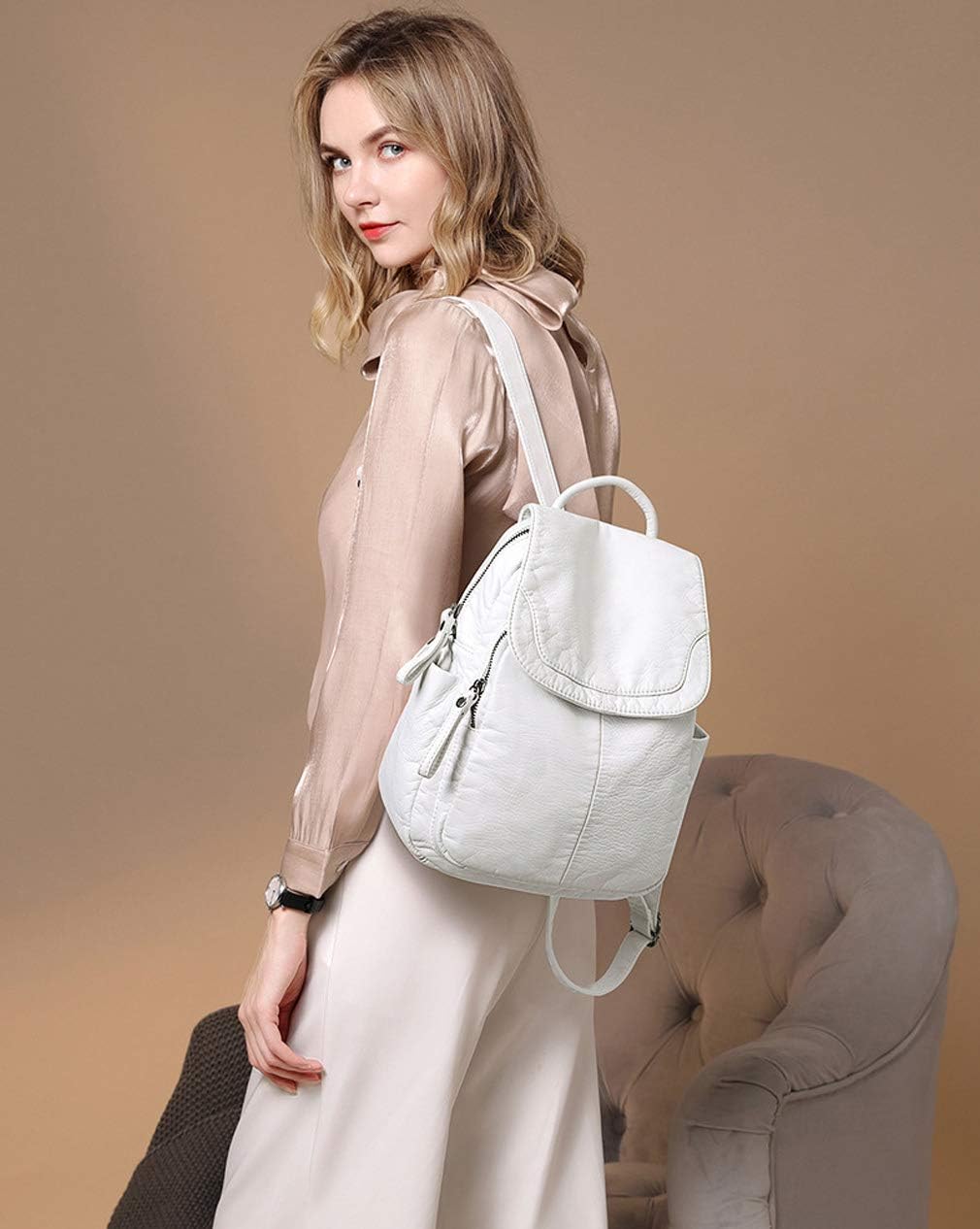 Detalle de BUKESIYI Donna Borsa Zaino Elegante Zainetto in PU Pelle Bianco Perla IT78179