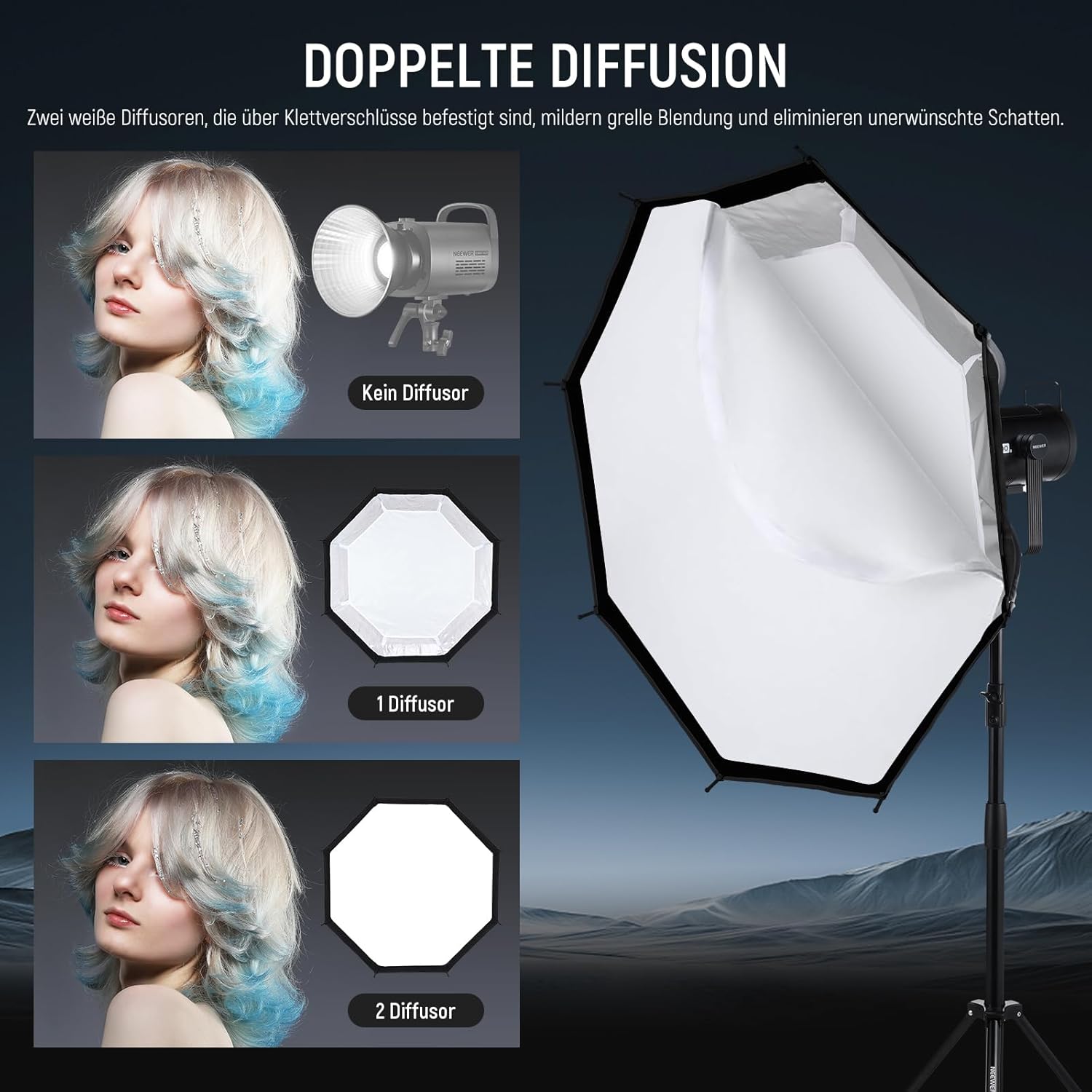 Thumbnail 4 de NEEWER 35,4" Oktagon-Parabol-Softbox mit Bowens Mount (NS92P) – für Aputure 120D, Godox SL60w Q4 u. a.