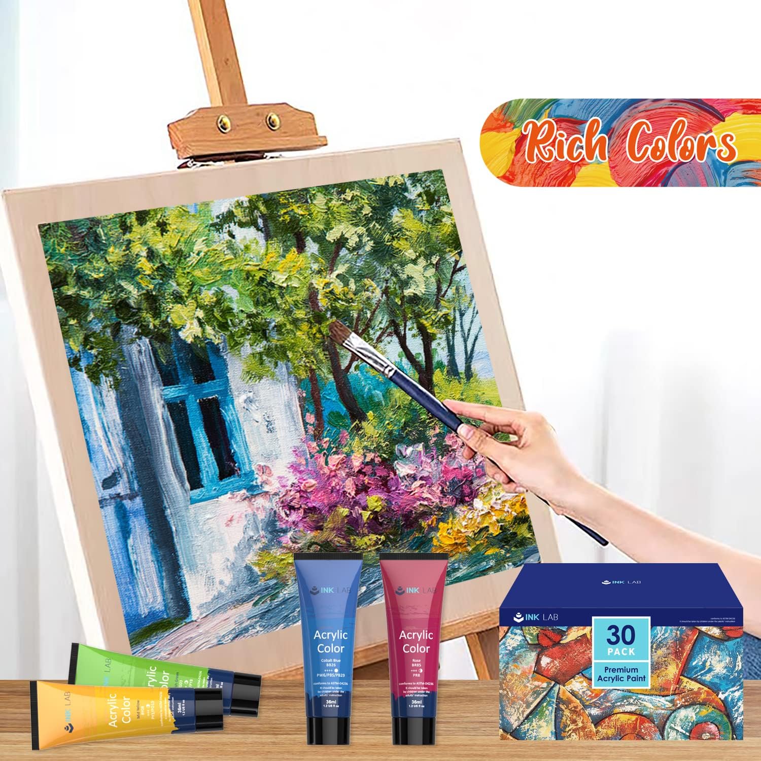 Thumbnail 3 de Set de Peinture Acrylique INK LAB – 30 tubes de 36 ml, couleurs brillantes et non toxiques