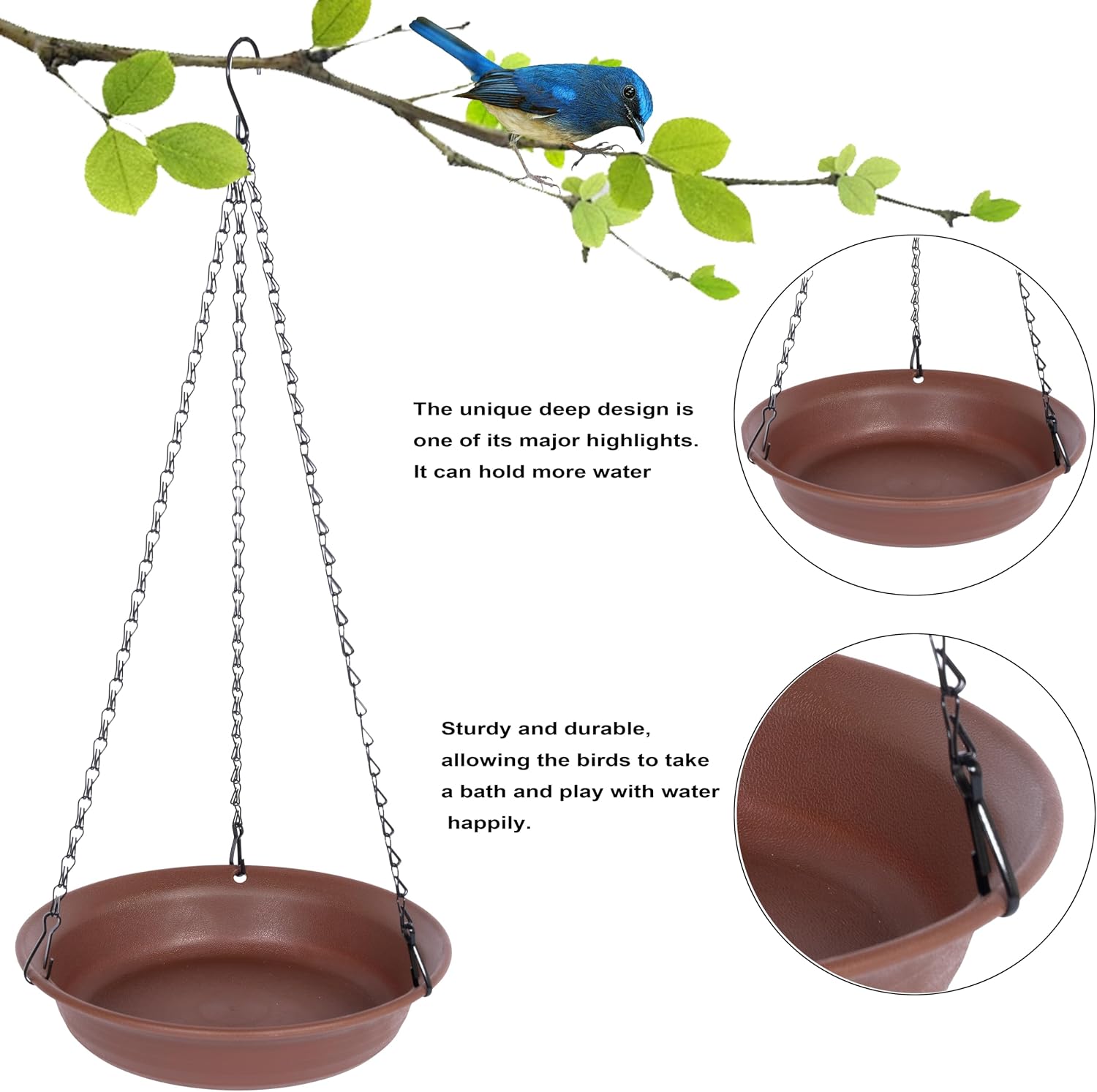 Detalle de VUWEZ 12-Inch Hanging Bird Bath Tray, Chocolate PP Plastic with 18.5-Inch Chain