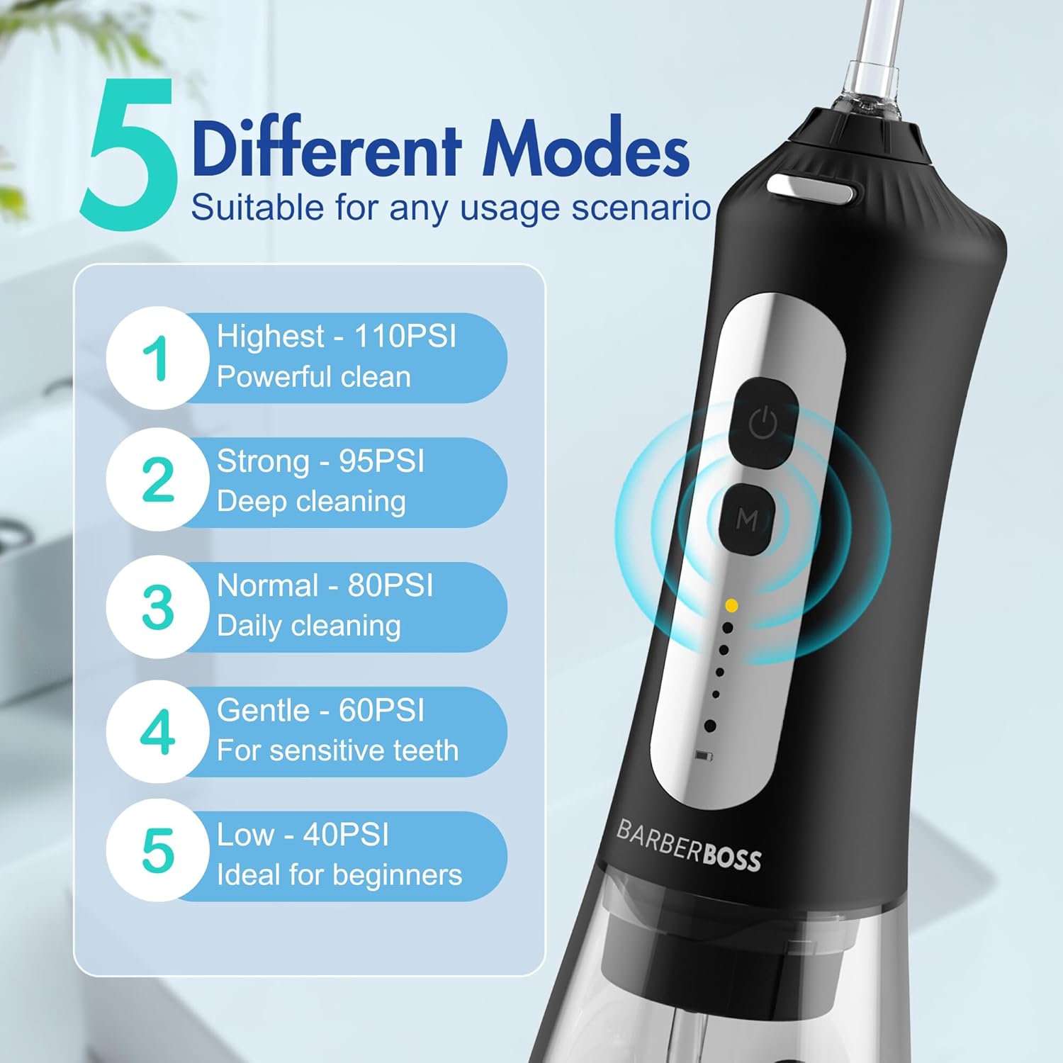 Detalle 2 de BarberBoss Hydropulseur QR-7025 (Noir) – Kit d’hygiène bucco-dentaire sans fil