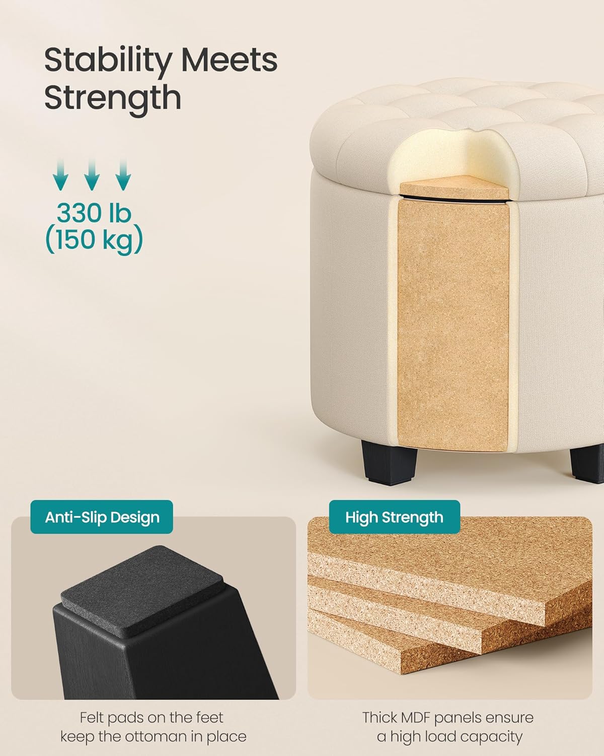 Detalle 2 de SONGMICS ULOM011W01 Round Storage Ottoman, Light Beige Linen-Look Fabric, 150 kg Capacity