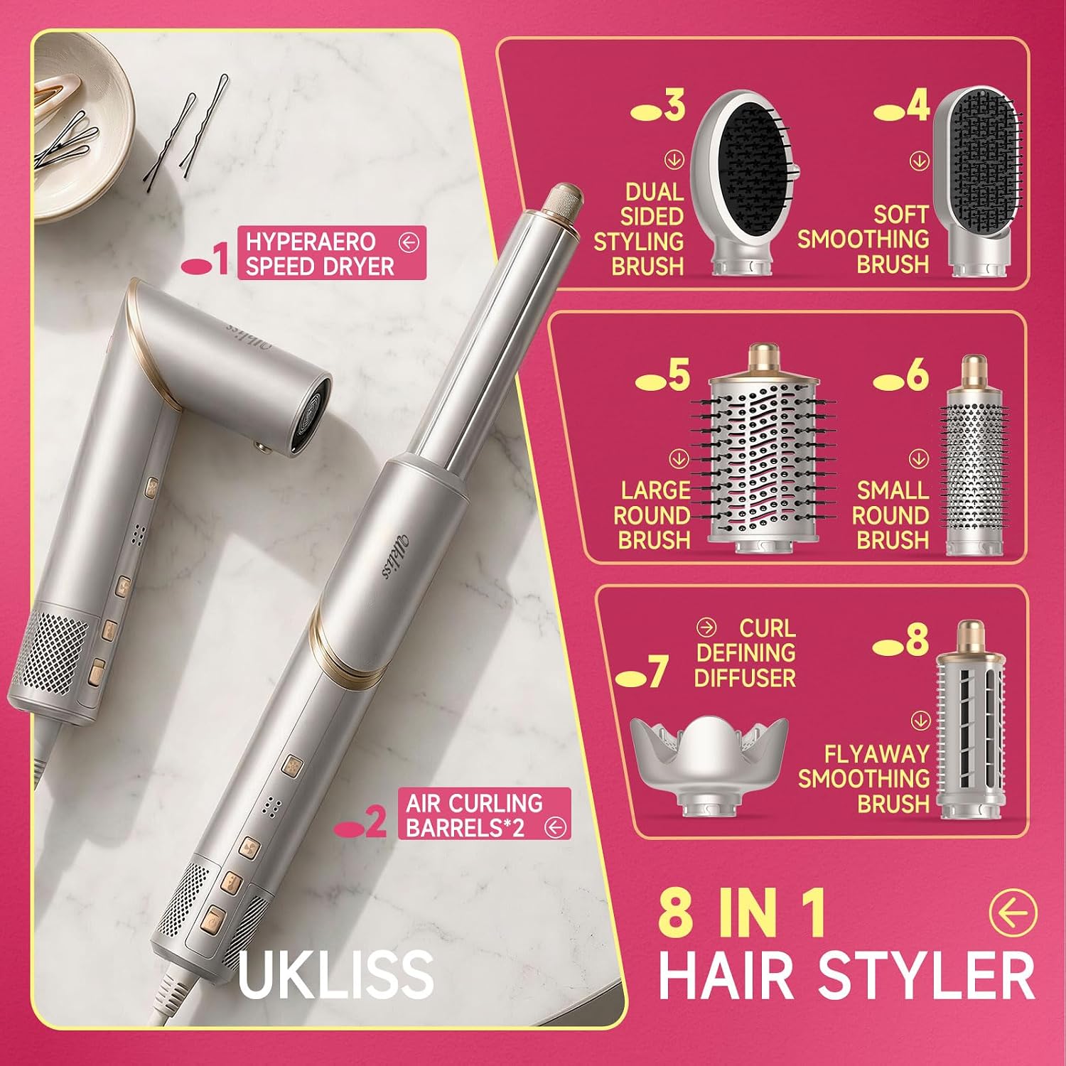 Thumbnail 6 de UKLISS Set Airstyler professionale 8 in 1: styling completo per casa e viaggio