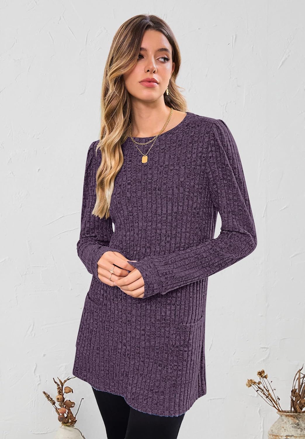 Detalle de WNEEDU Sweater Dress for Women, Striped Long-Sleeve Tunic with Pockets