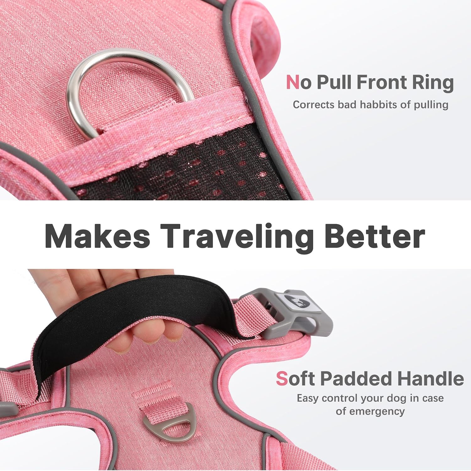 Detalle de Belababy Dog Harness Small Dog (Pink S) – anti-pull dog harness with soft padded handle