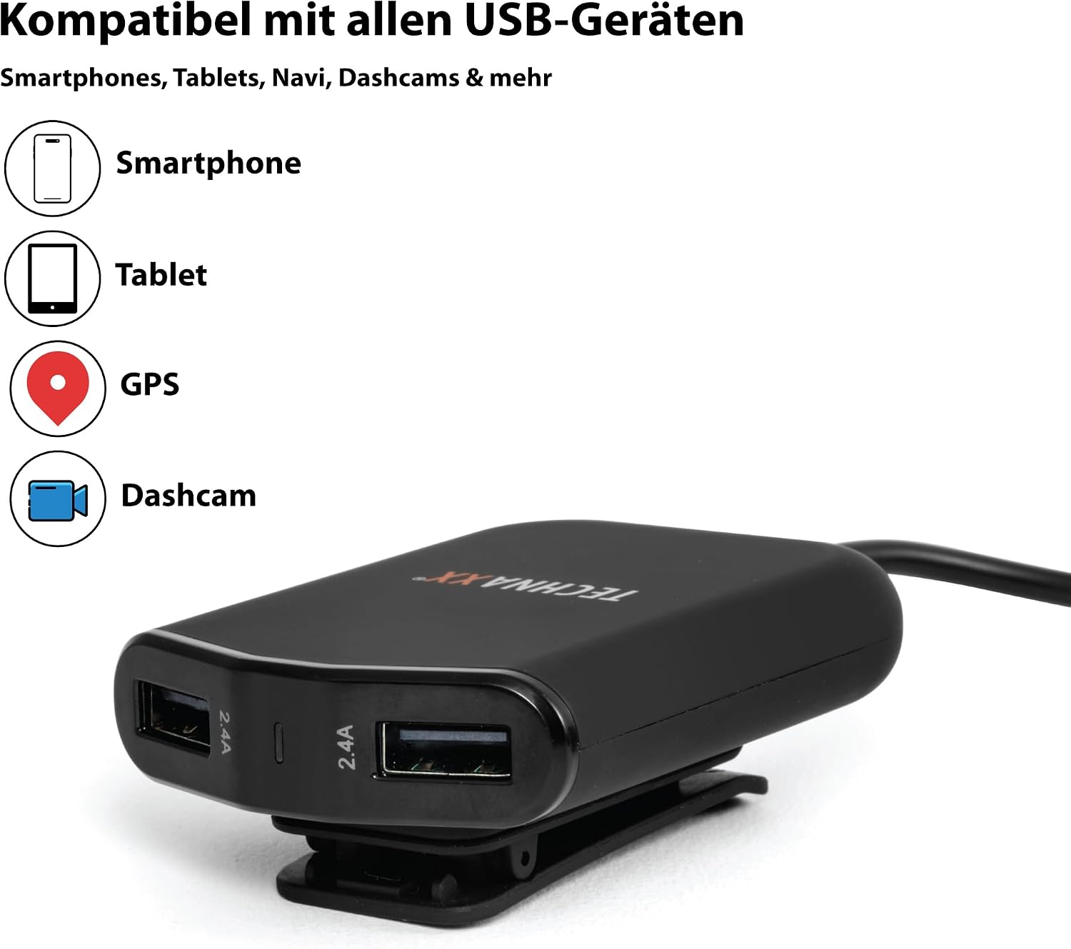 Detalle de Technaxx Family Car Charger 4x USB (TE14) – 4 Anschlüsse, 2,4 A pro Port, inkl. Clip-Kabel