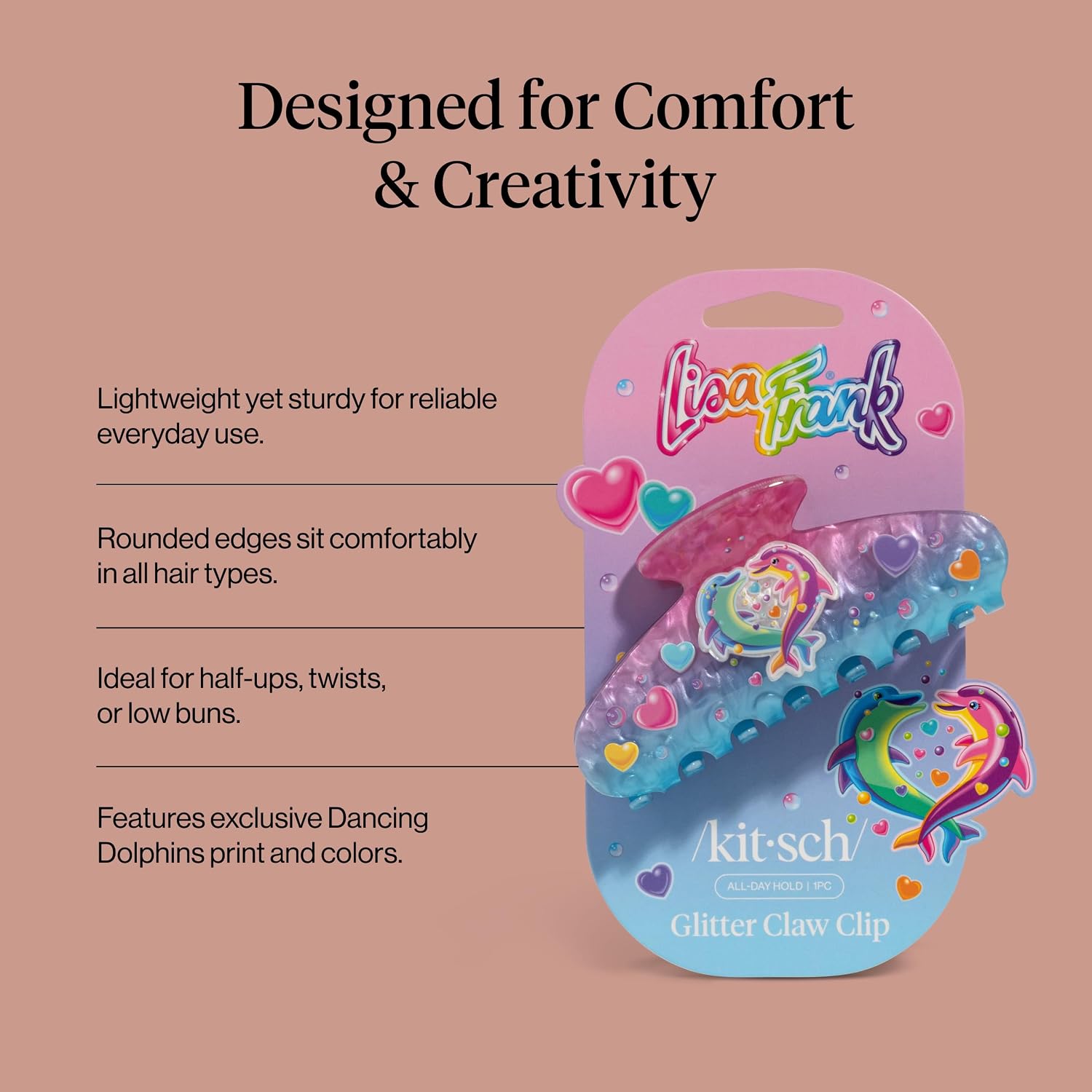 Detalle de Lisa Frank x Kitsch Dancing Dolphins Glitter Hair Claw Clip, Recycled Acrylic