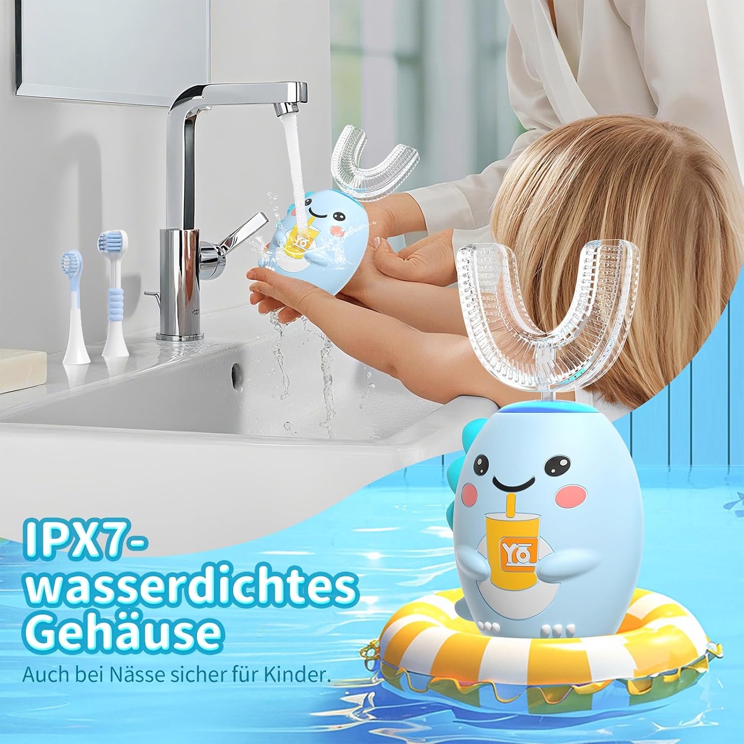 Thumbnail 6 de Elektrische Zahnbürste für Kinder – U-förmige Bürstenköpfe, Dino-Design, 5 Reinigungsmodi, IPX7