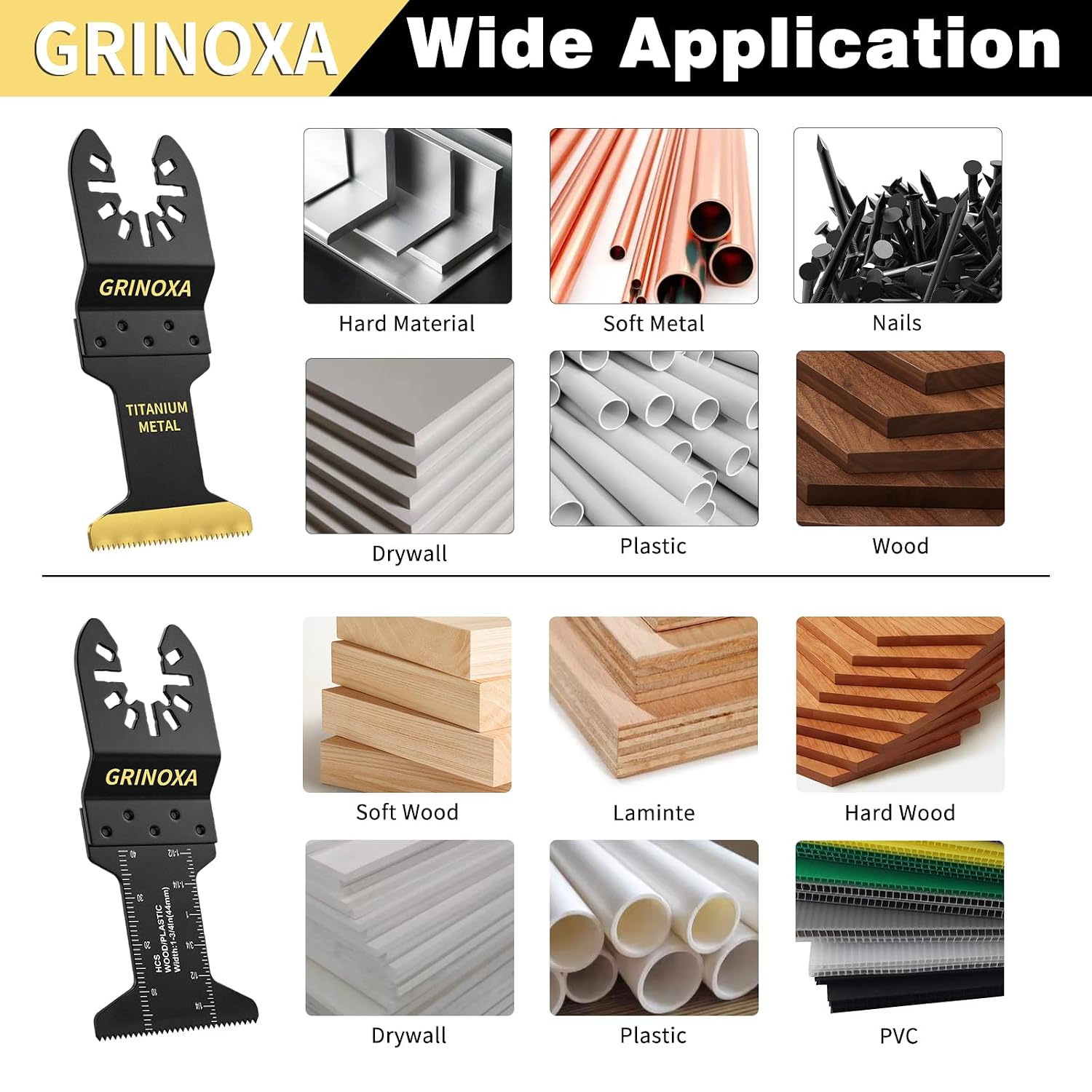 Detalle 2 de GRINOXA 200-Piece Oscillating Saw Blade Kit, 44mm HCS and Titanium Blades