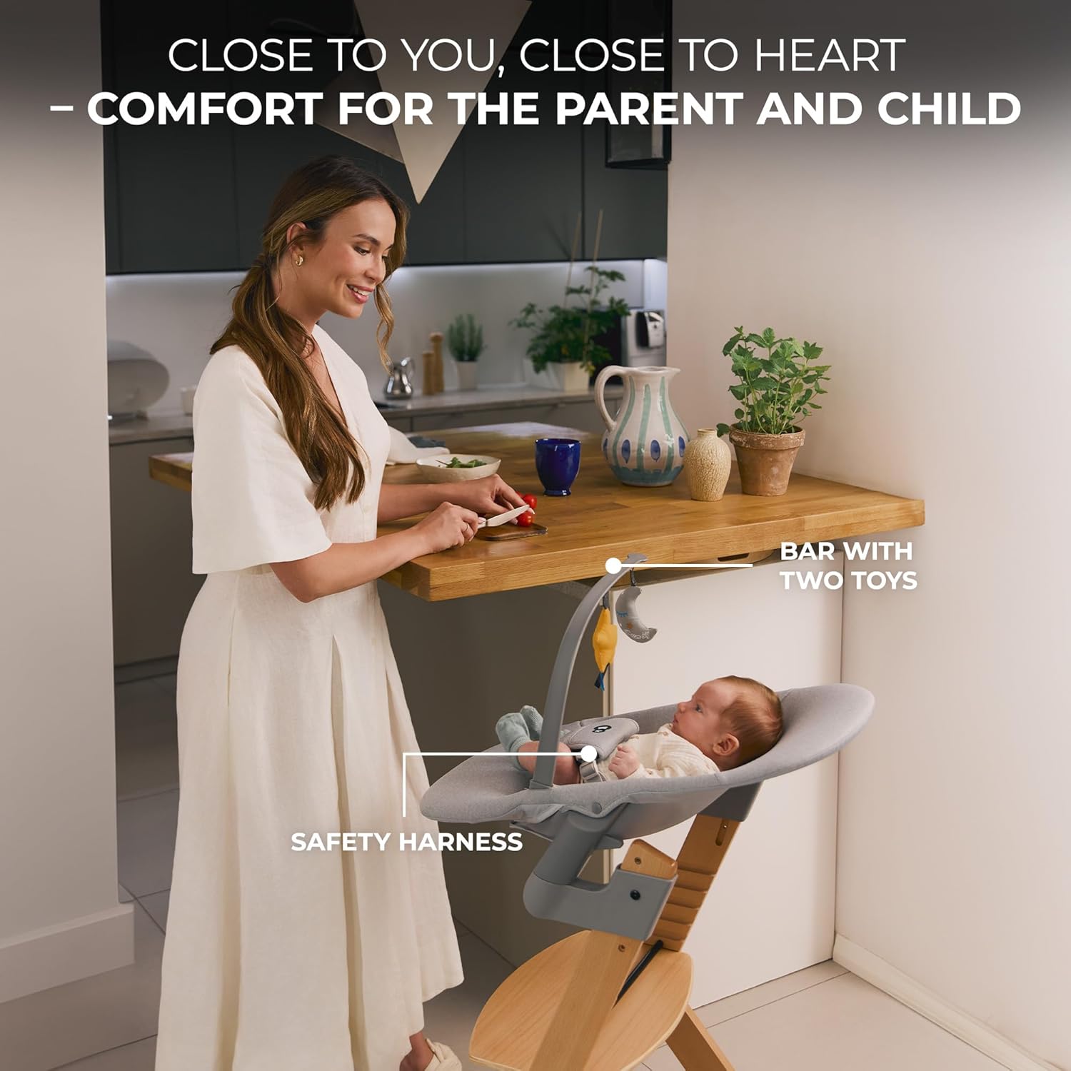 Detalle de Kinderkraft ENOCK Wooden Highchair + CALMEE Baby Bouncer: Multifunctional Growth Chair