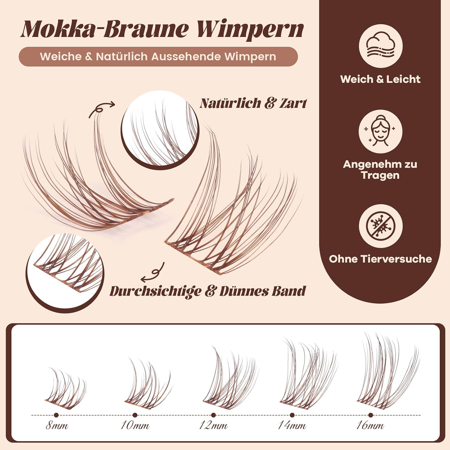 Detalle de B&Qaugen Lashes Extension Set Wispy Braun – Natürlicher Look mit Brownbraune Cluster-Lashes (8–16 mm) und Bond & Seal