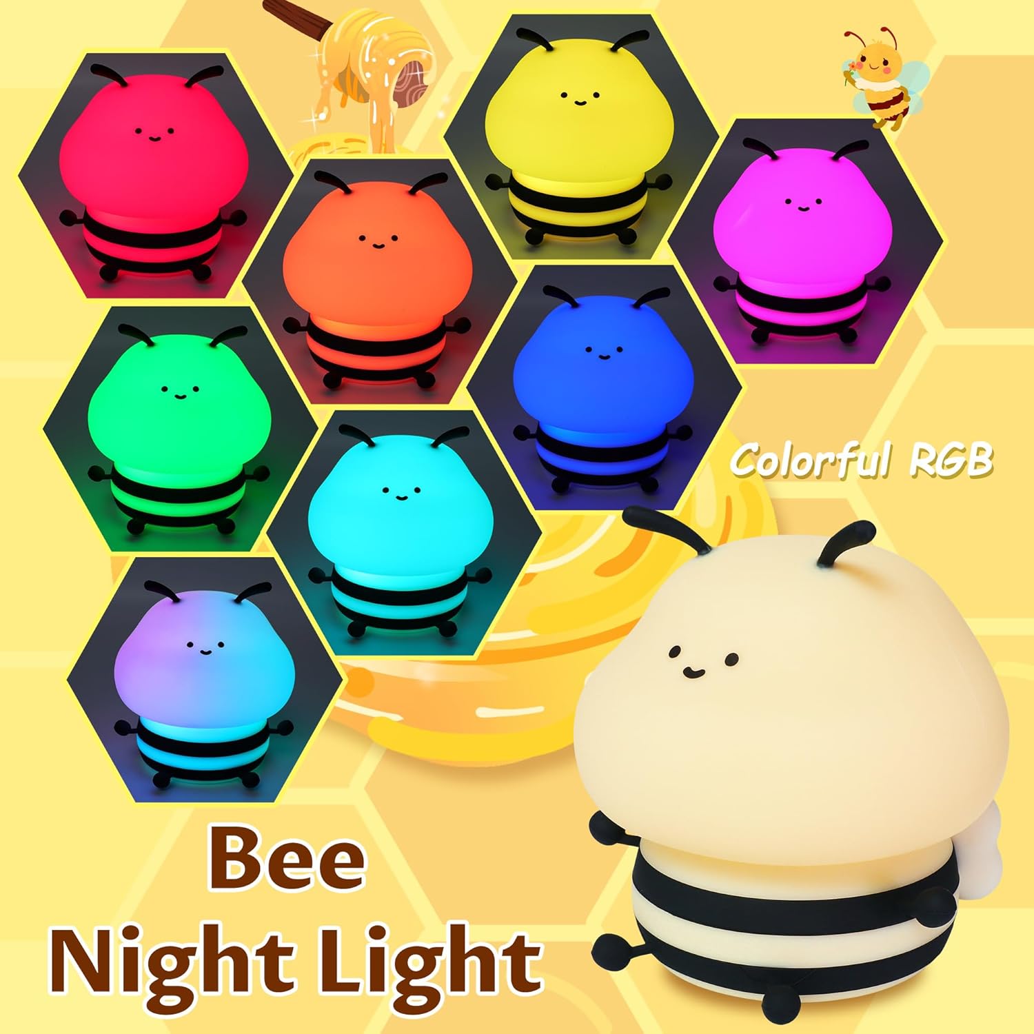 Thumbnail 4 de YuanDian Cute Bee Night Light for Kids — Soft Silicone Nursery Lamp with 7 Colours and Dimmable Tap Control