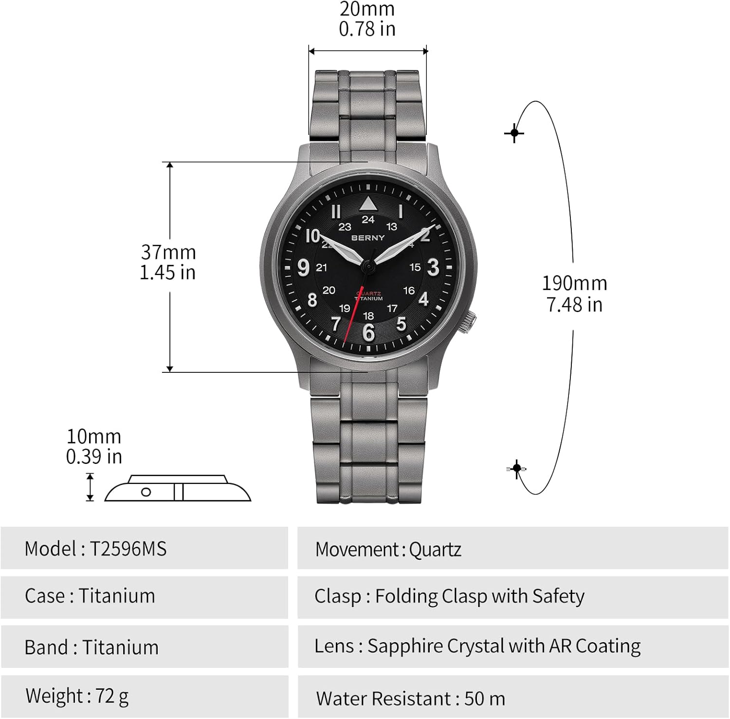Thumbnail 5 de BERNY Titan Uhr mit japanischem Quarzwerk VH31, 5ATM & super leuchtendem Sekundenzeiger – Unisex