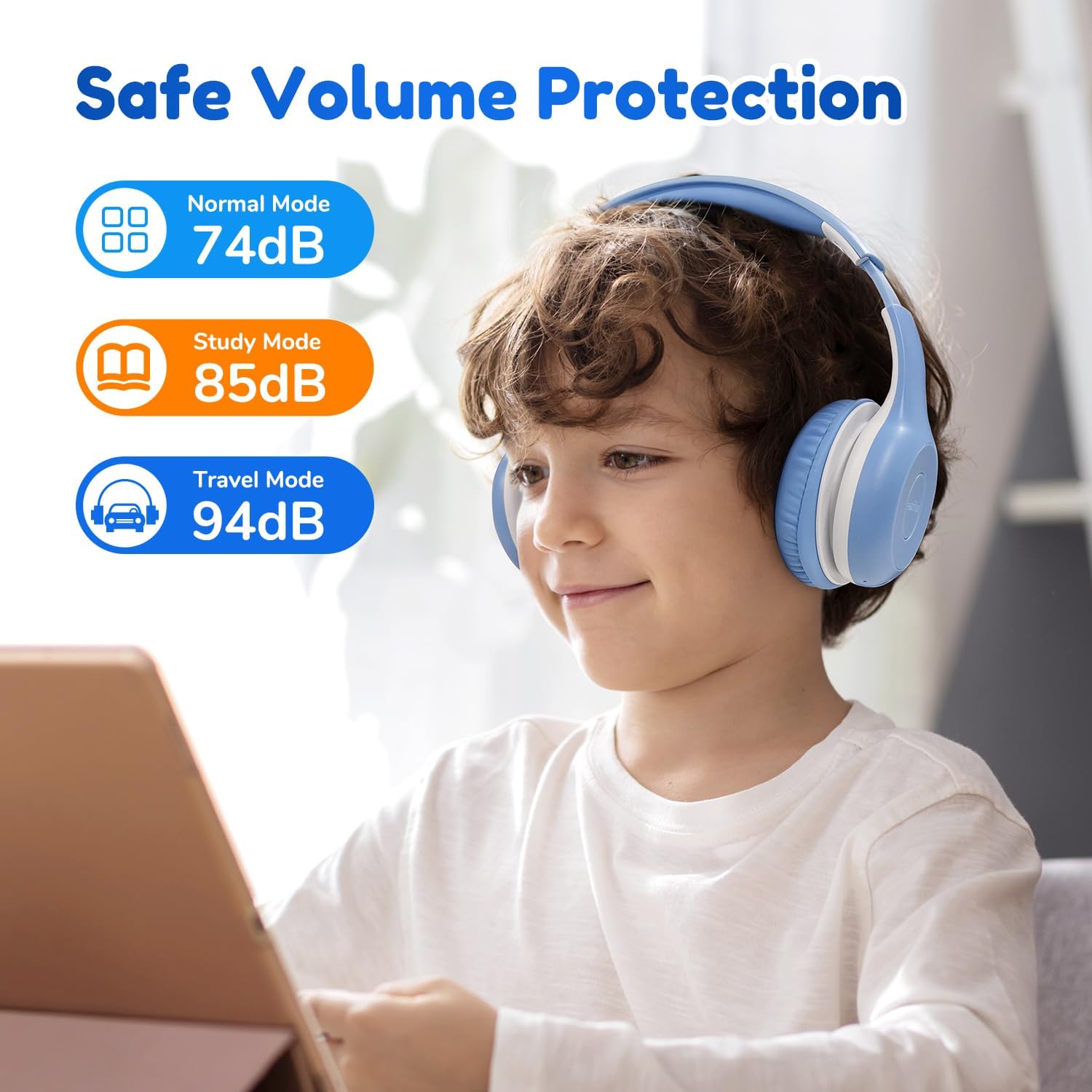 Detalle de EarFun Kids Wireless Headphones (74/85/94dB Volume Limited) with Microphone, Sky Blue