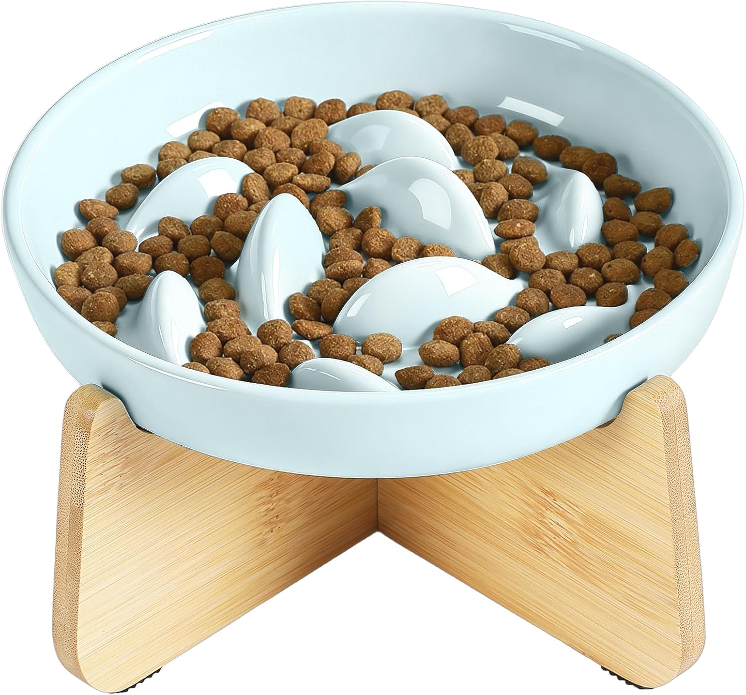 PETTOM Slow Feeder Cat Bowl Ceramic with Bamboo Stand – Raised Rim, Spill-Proof and Whales-Inspired Design