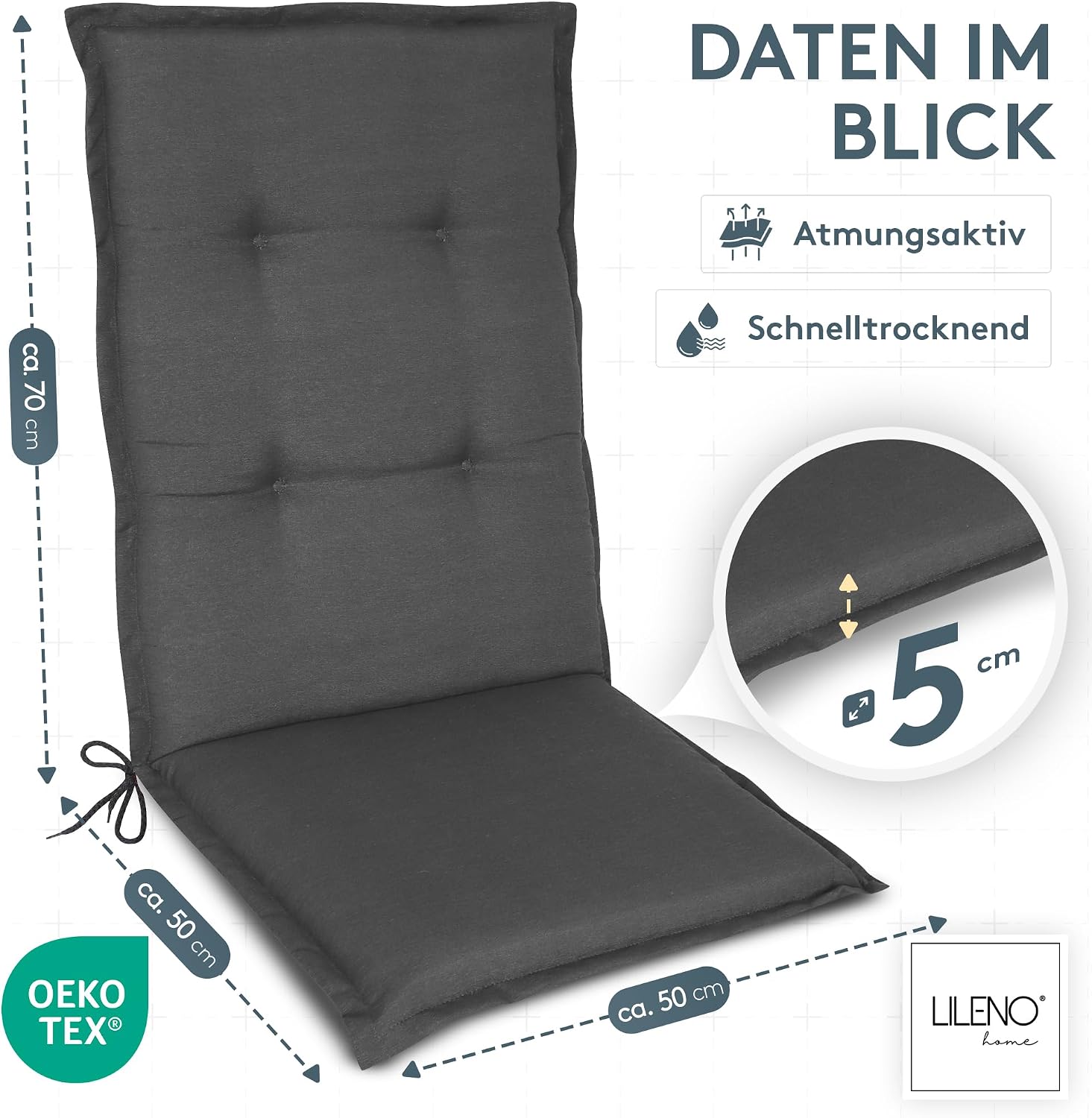 Thumbnail 5 de LILENO HOME Gartenstuhl Auflagen 2er Set Hochlehner Uni Anthrazit