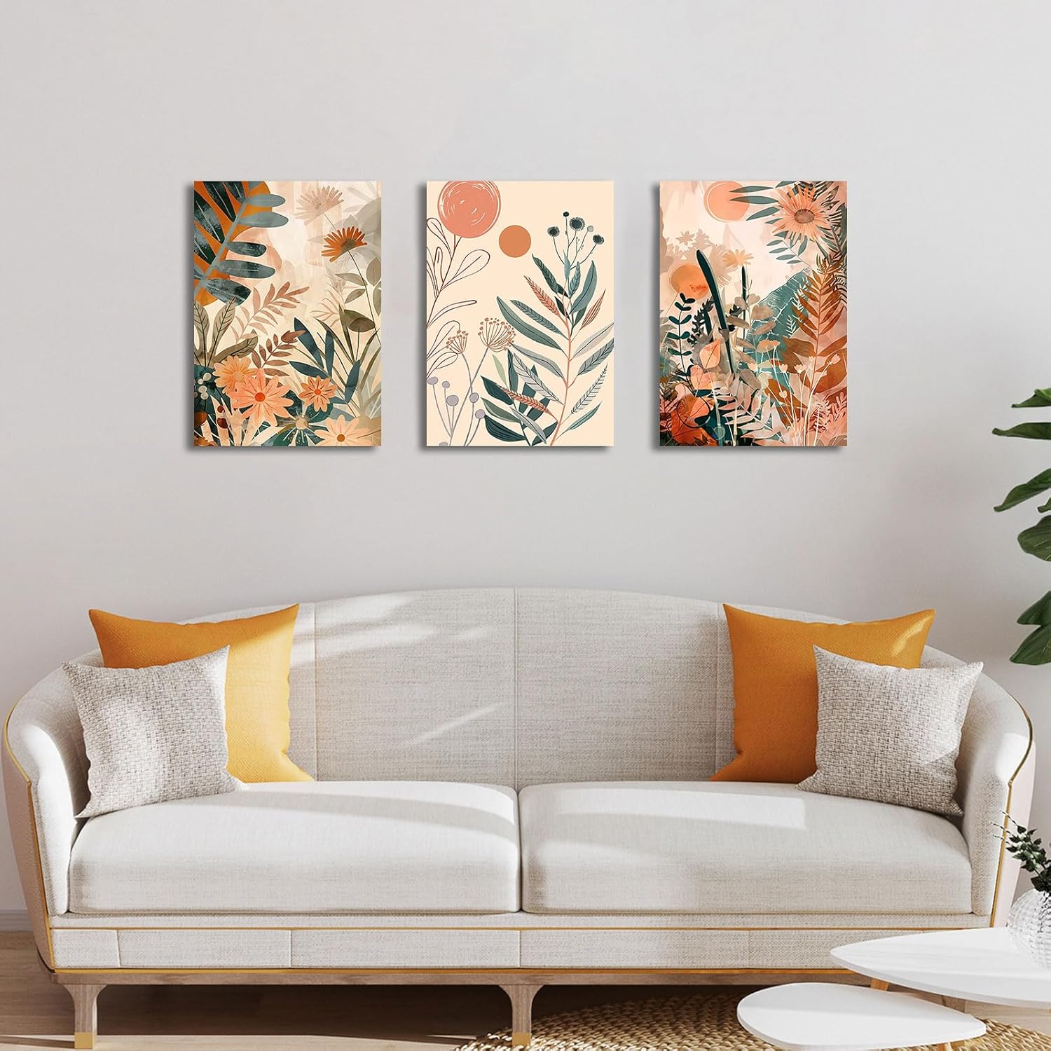 Detalle de 3Pcs Boho Orange Set mit Rahmen – Abstract Leaves & Sun, 120x60 cm, 3-teilig