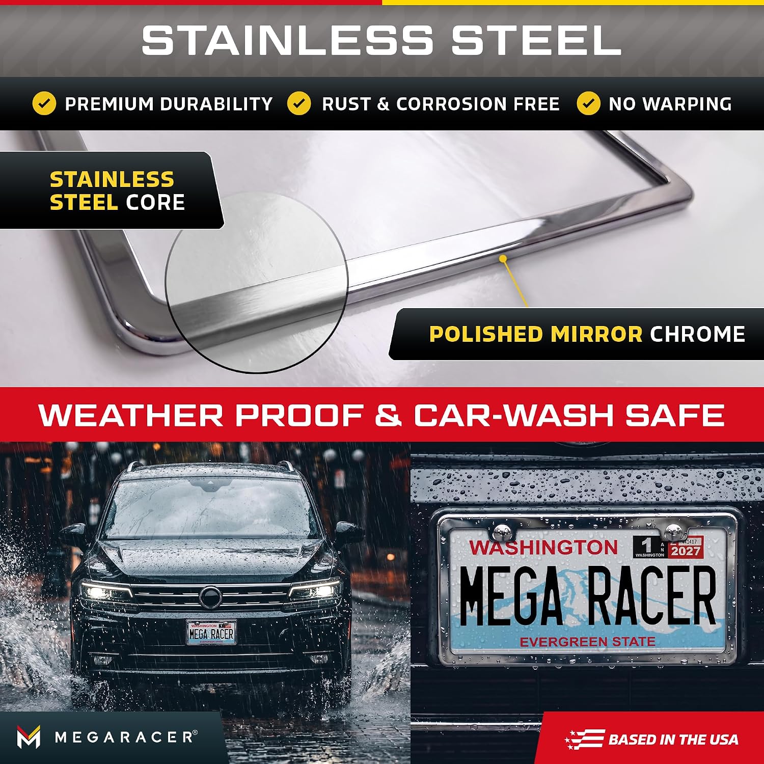 Thumbnail 4 de Polished Mirror Chrome Thin License Plate Frames (2-Pack) — Stainless Steel, Rattle-Free, Rust-Free, Street Legal