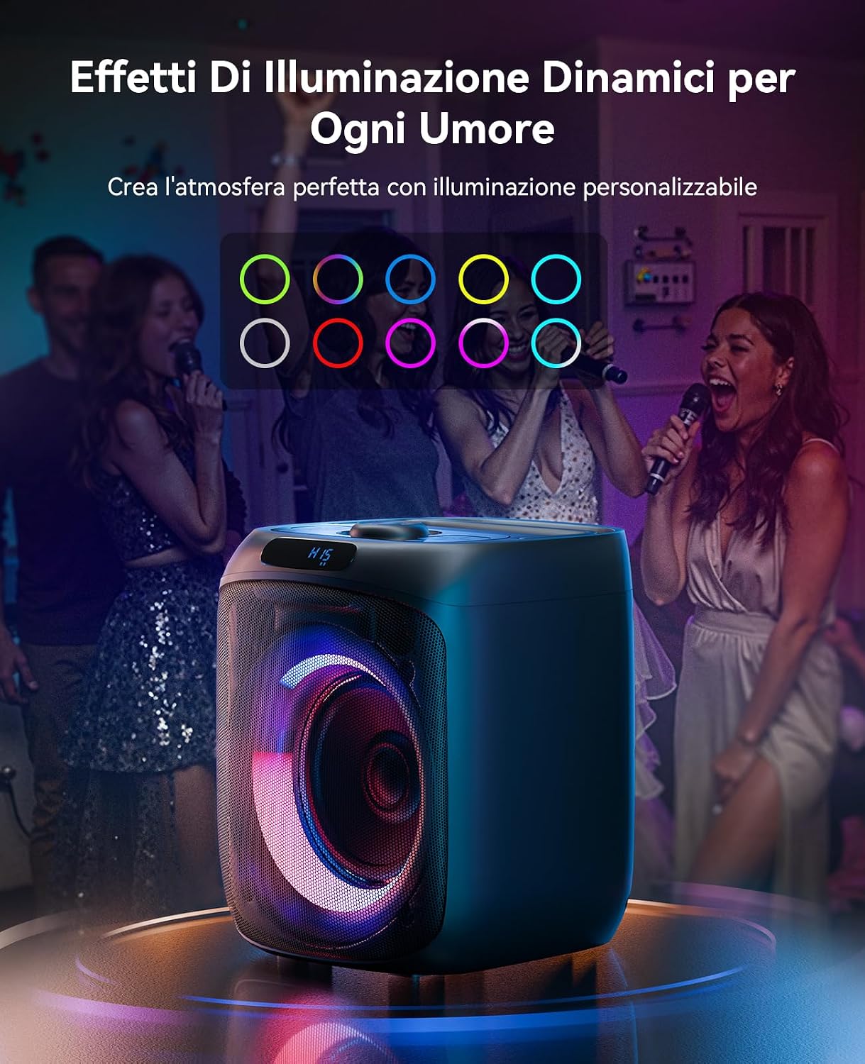 Detalle de Cassa Karaoke 400W per Adulti: Bluetooth, 2 Microfoni Wireless e Luci LED per Feste Indoor/Outdoor