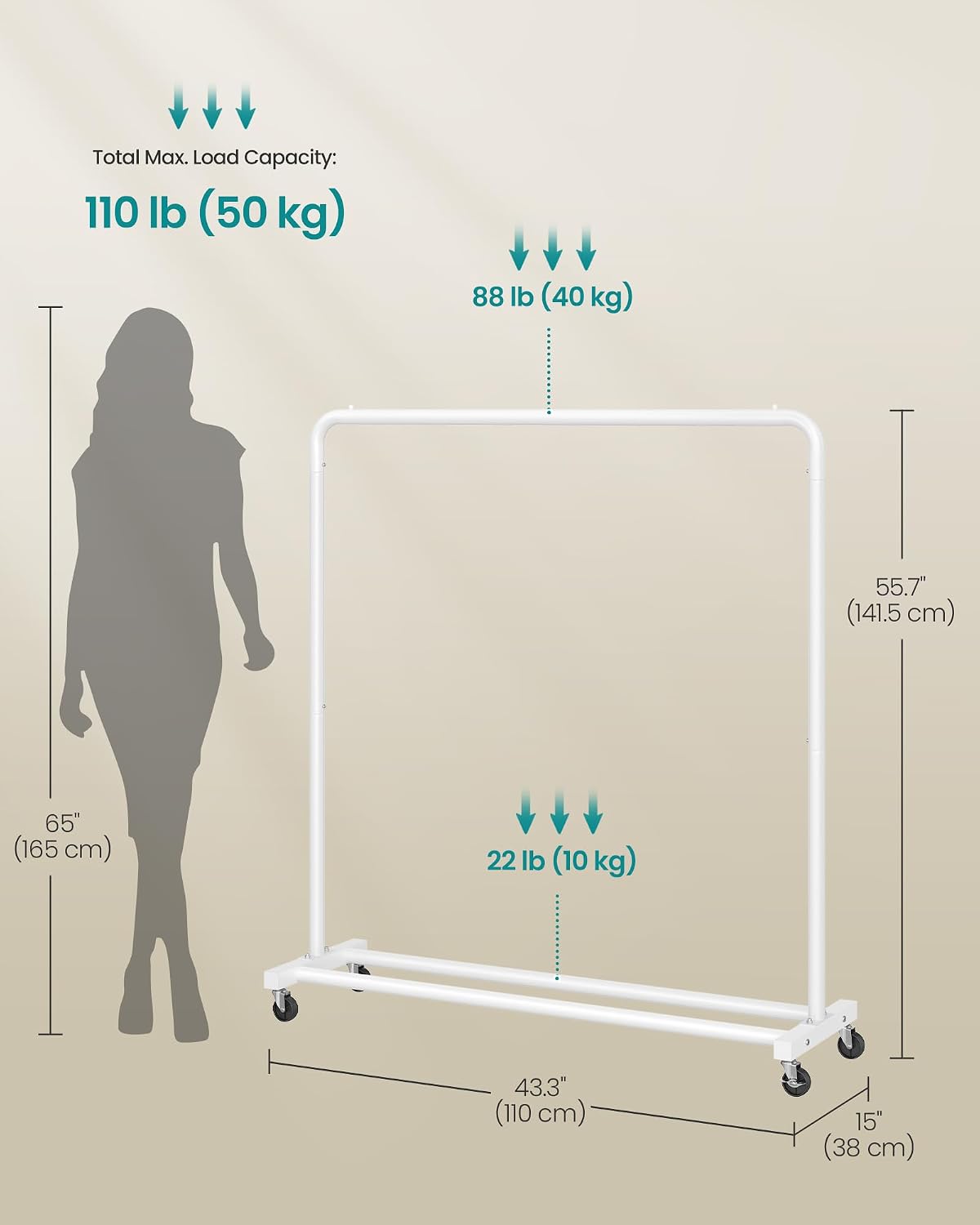 Detalle de SONGMICS Clothes Rack on Wheels HSR016WG01: A sturdy, mobile garment rail with lockable wheels