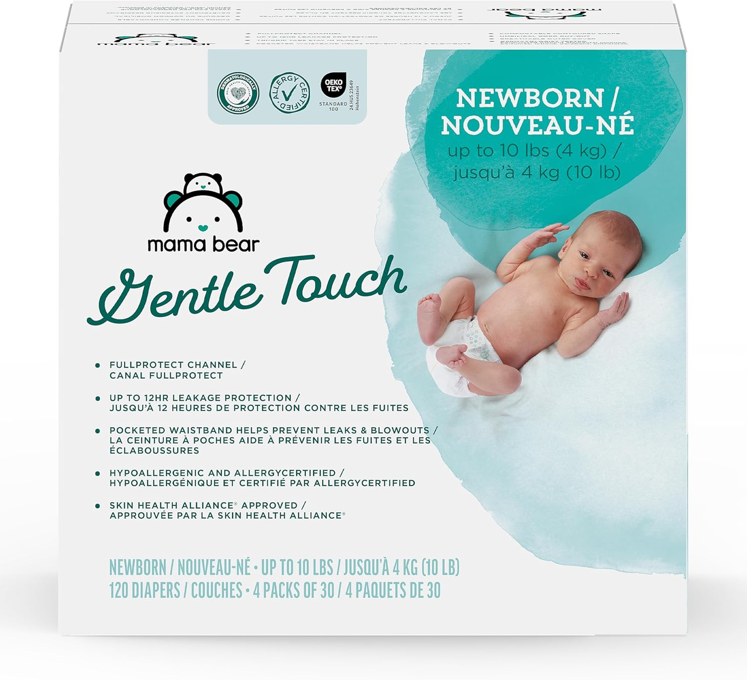 Detalle de Amazon Brand Mama Bear Gentle Touch NB Diapers — 120 Count (4 x 30)
