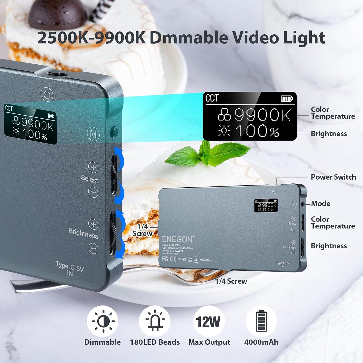 Thumbnail 3 de ENEGON LED Video Light Panel (2500K–9900K, CRI96+, 4000mAh) for portable photography and live streaming